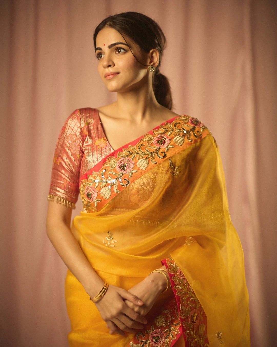 Yellow Organza Silk Saree with Intricate Thread & Bead Embroidery and Full Sleeve Floral Blouse