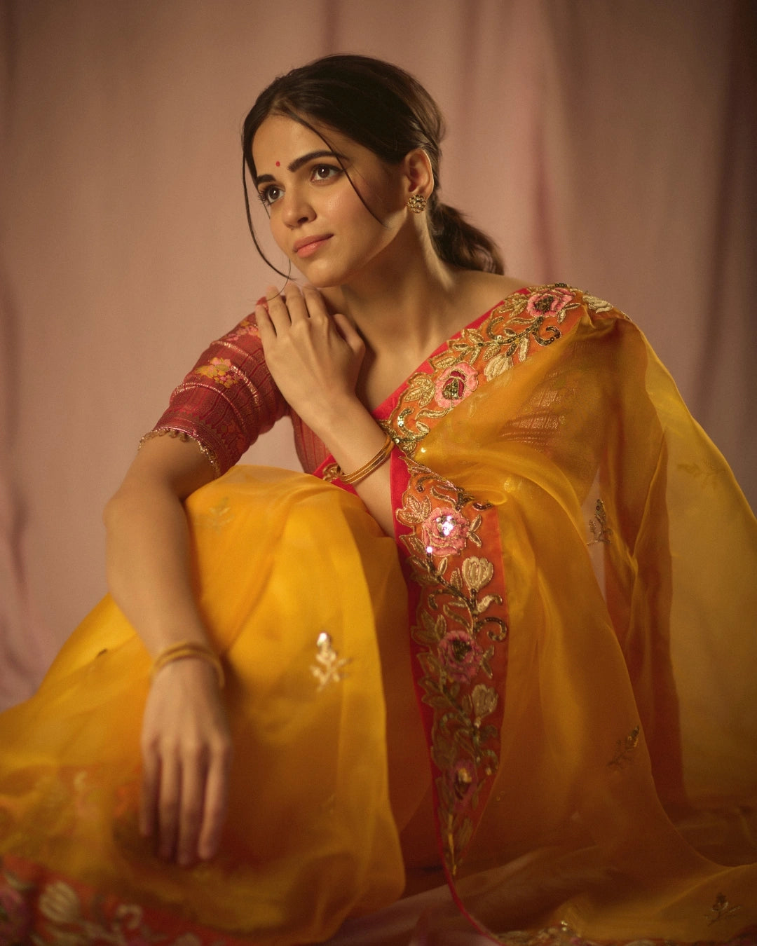 Yellow Organza Silk Saree with Intricate Thread & Bead Embroidery and Full Sleeve Floral Blouse