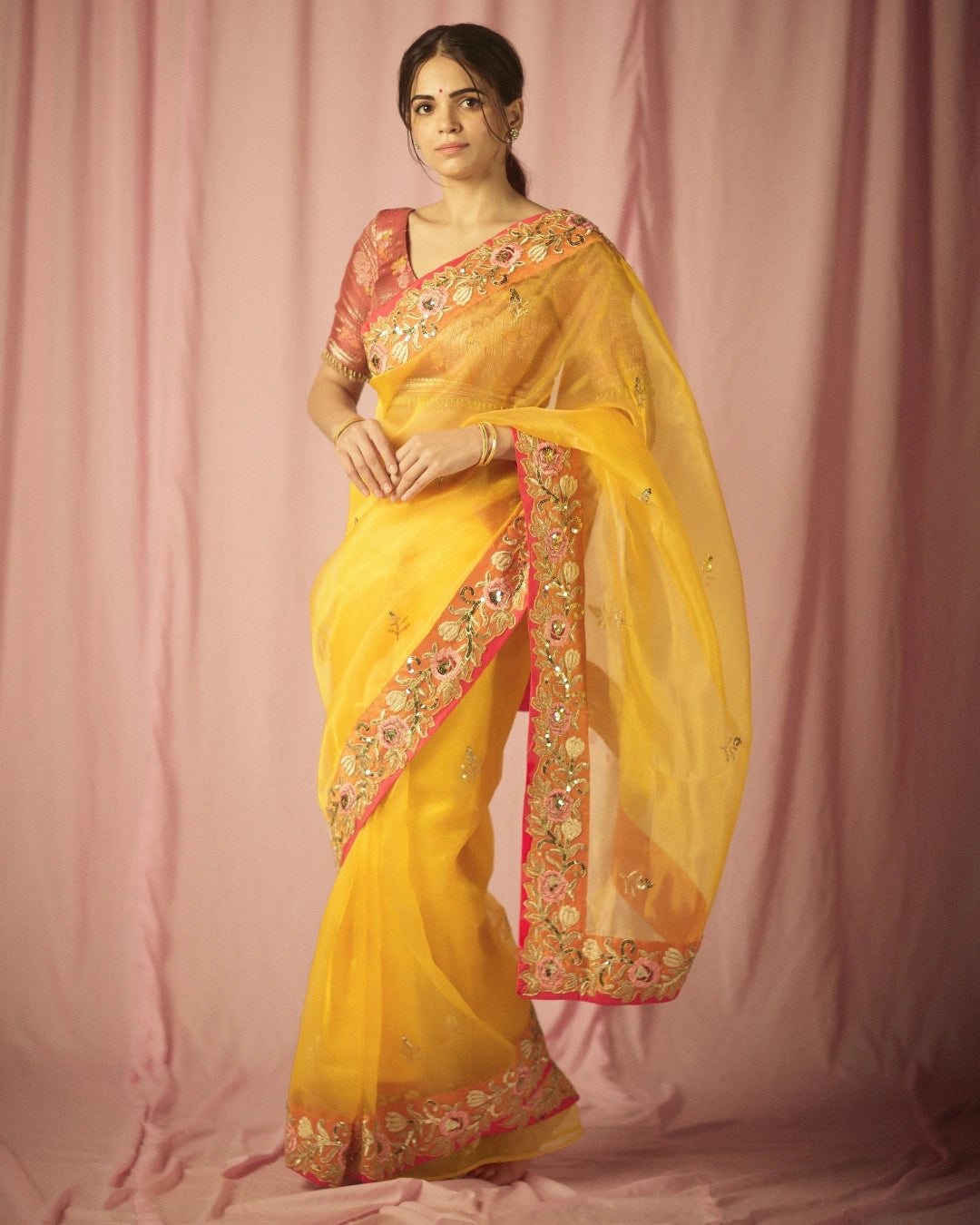 Yellow Organza Silk Saree with Intricate Thread & Bead Embroidery and Full Sleeve Floral Blouse
