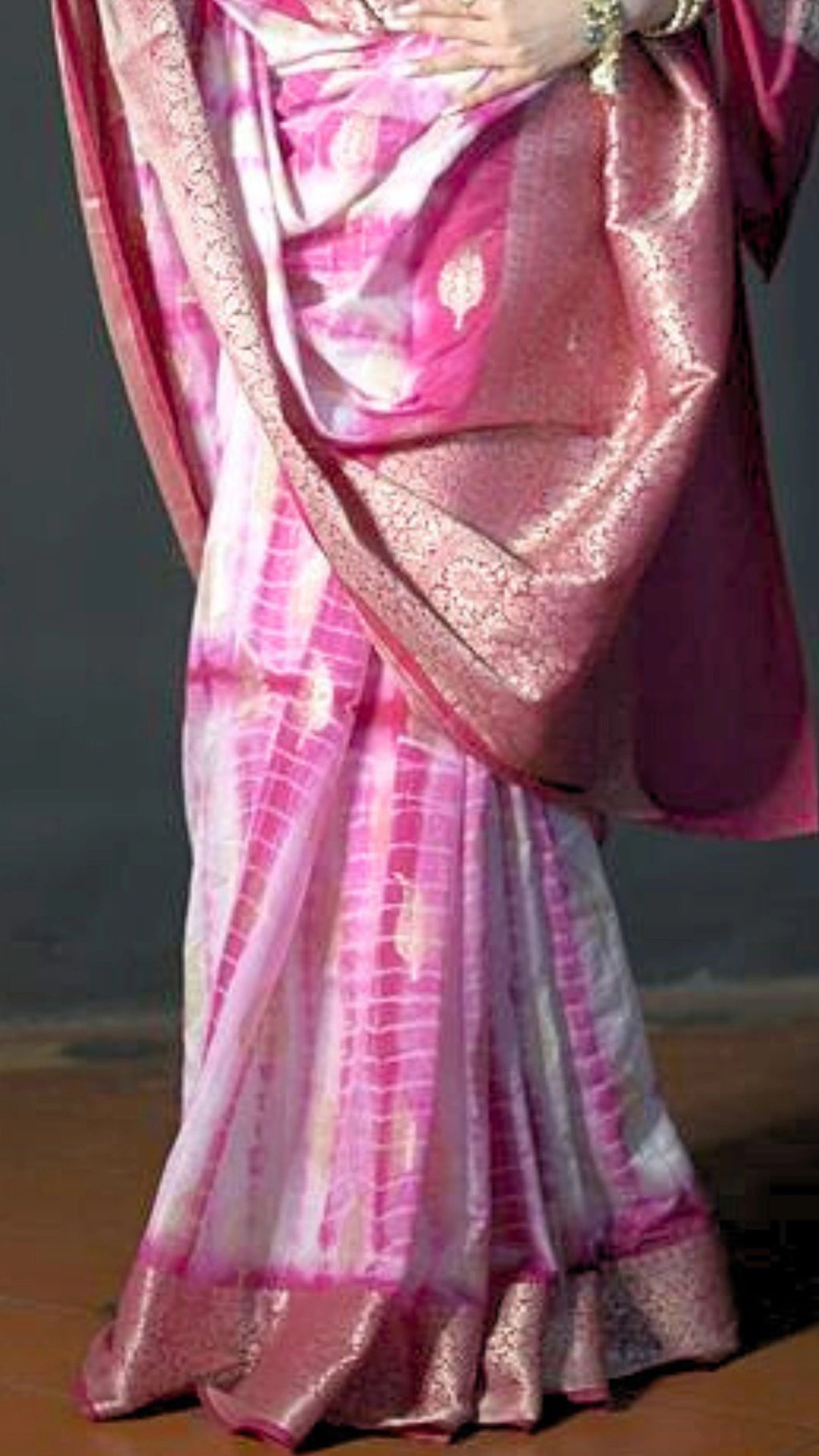 Pink and White Dupion Silk Tie Dye Pure Banarasi Silk Saree with Pink and Gold Zari Work Blouse