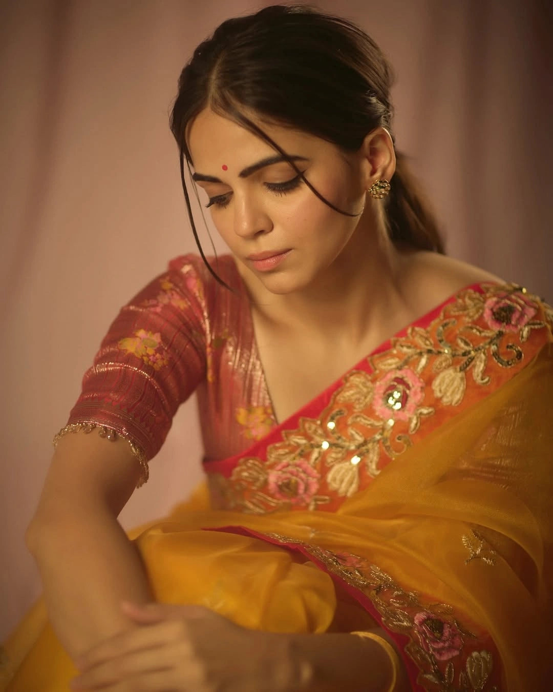 Yellow Organza Silk Saree with Intricate Thread & Bead Embroidery and Full Sleeve Floral Blouse