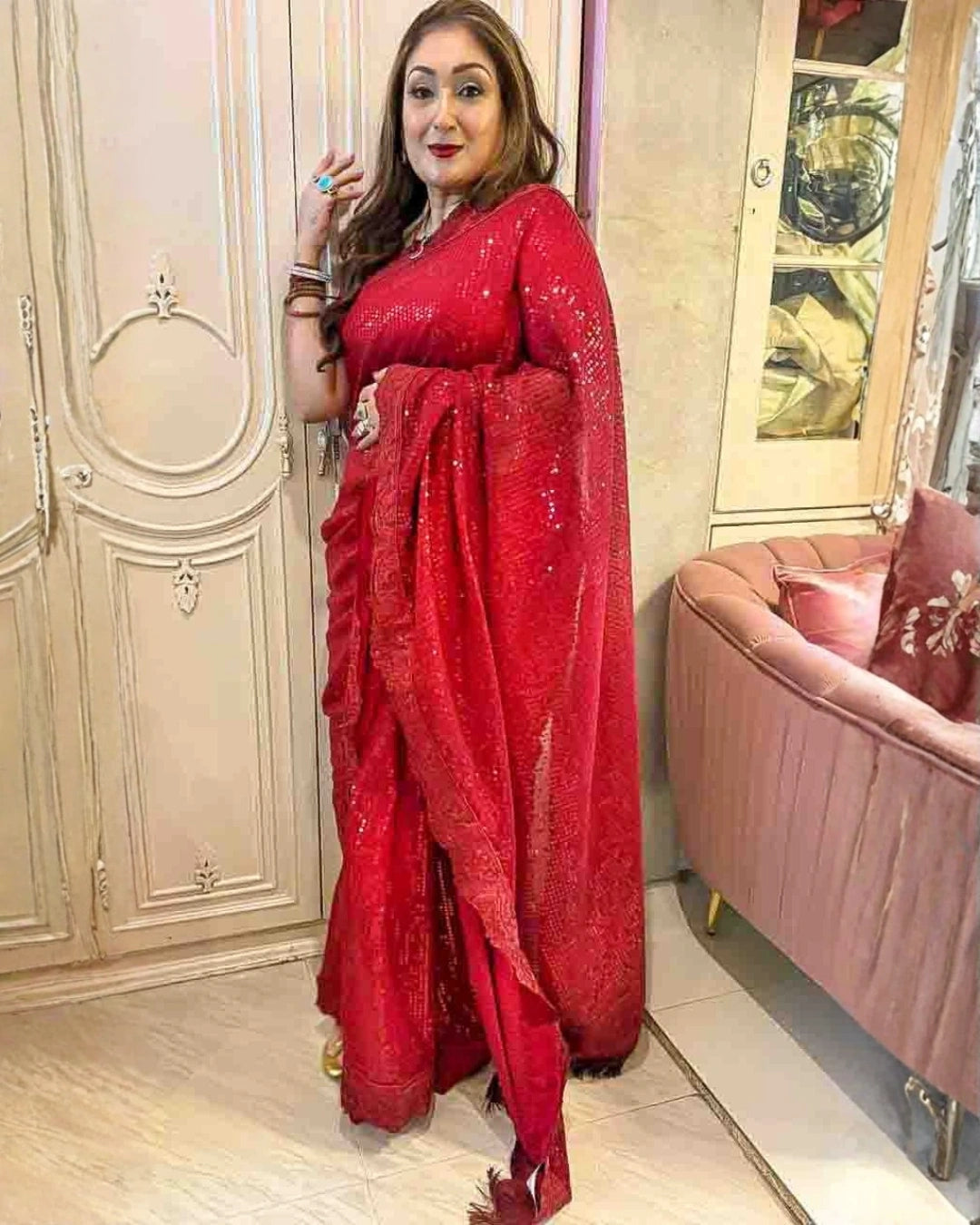 Red All-Over Sequin Saree with Feather-Like Thread Pallu Heavy Self Embroidery Border - Label Nonita