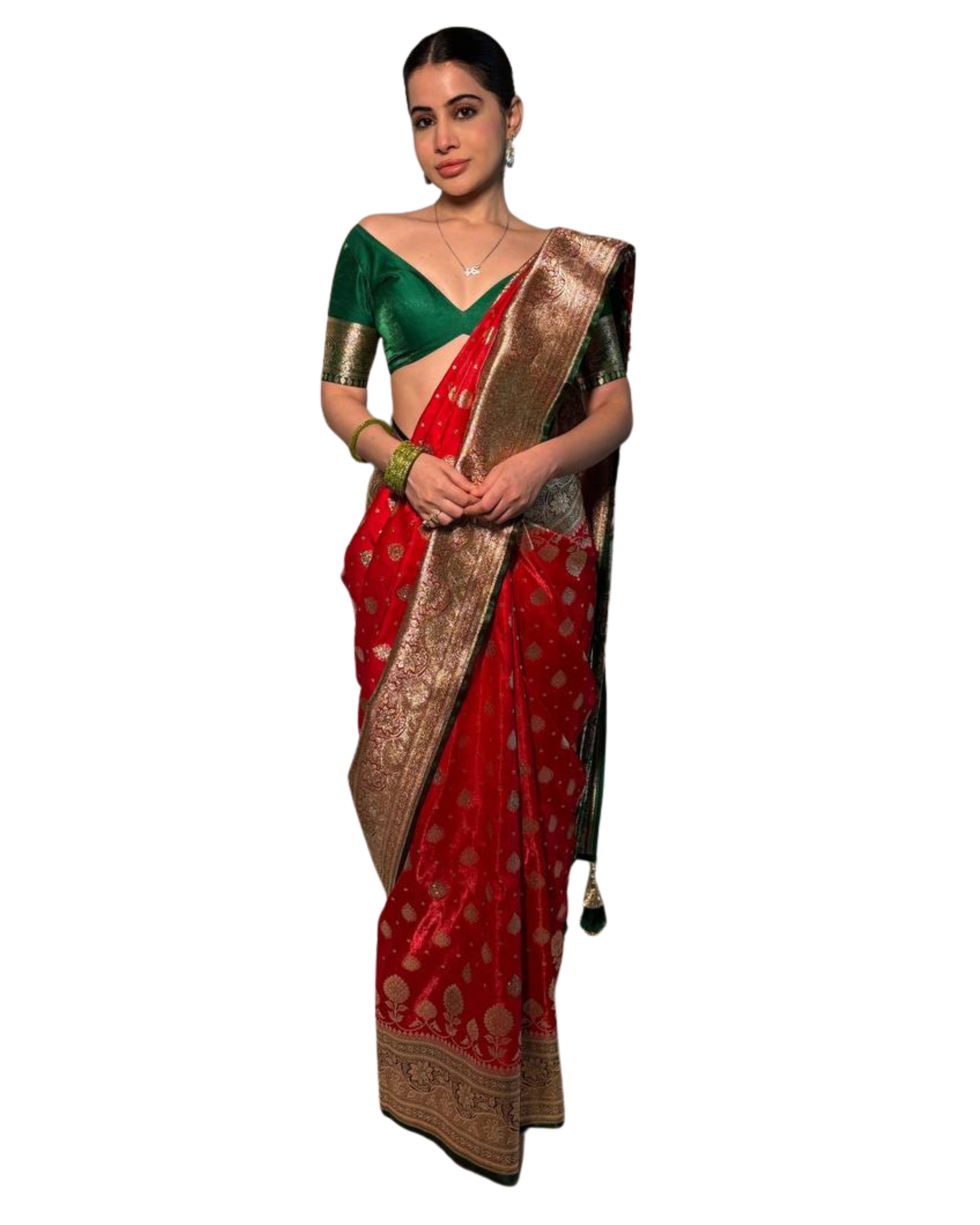 Iconic Red and Green Sindoori Saga Banarasi Silk Saree with Gold Zari Weave and Swarovski Stones all over By Label Nonita