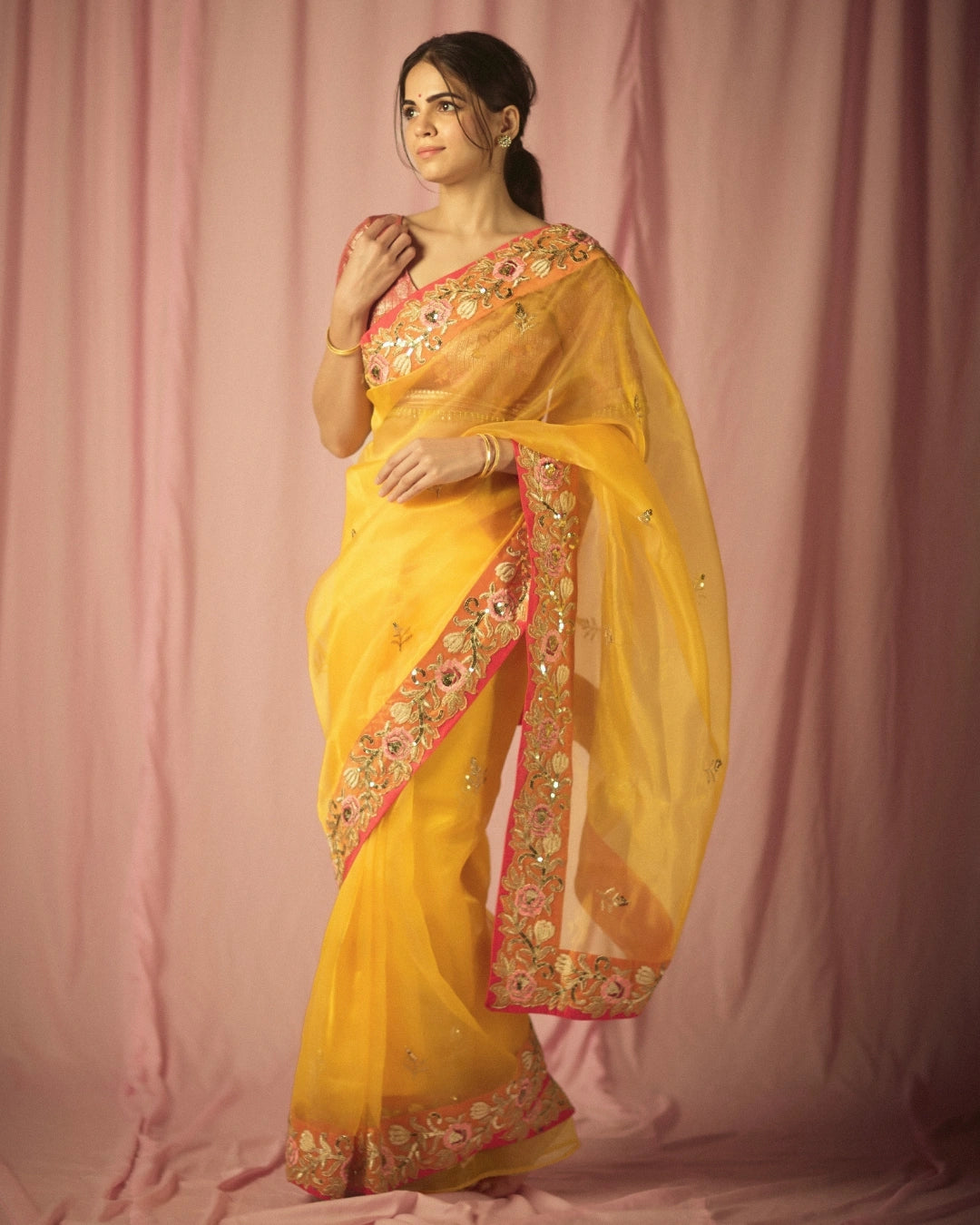 Yellow Organza Silk Saree with Intricate Thread & Bead Embroidery and Full Sleeve Floral Blouse