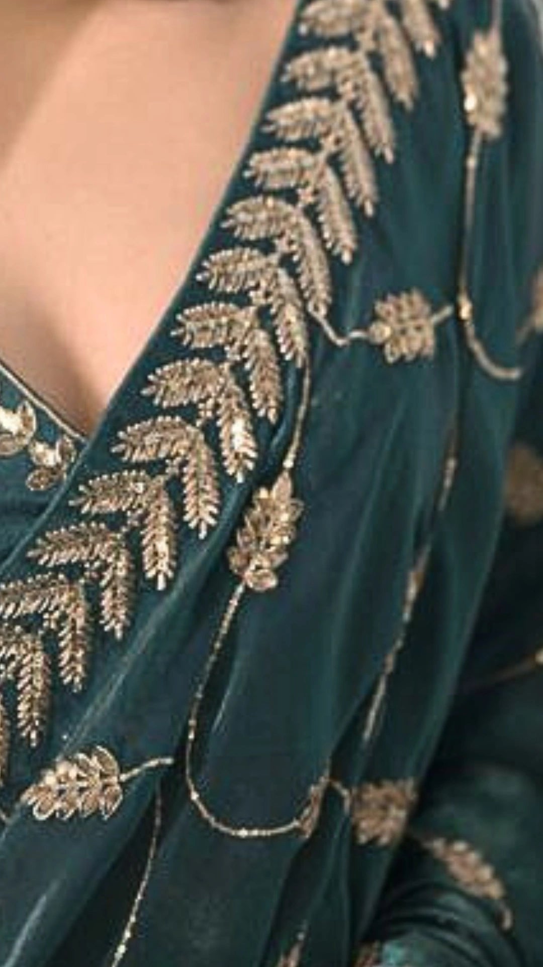 Emerald Green and Gold Leaf Silk Saree with Sequin Thread Embroidery and Matching Embroidered Blouse