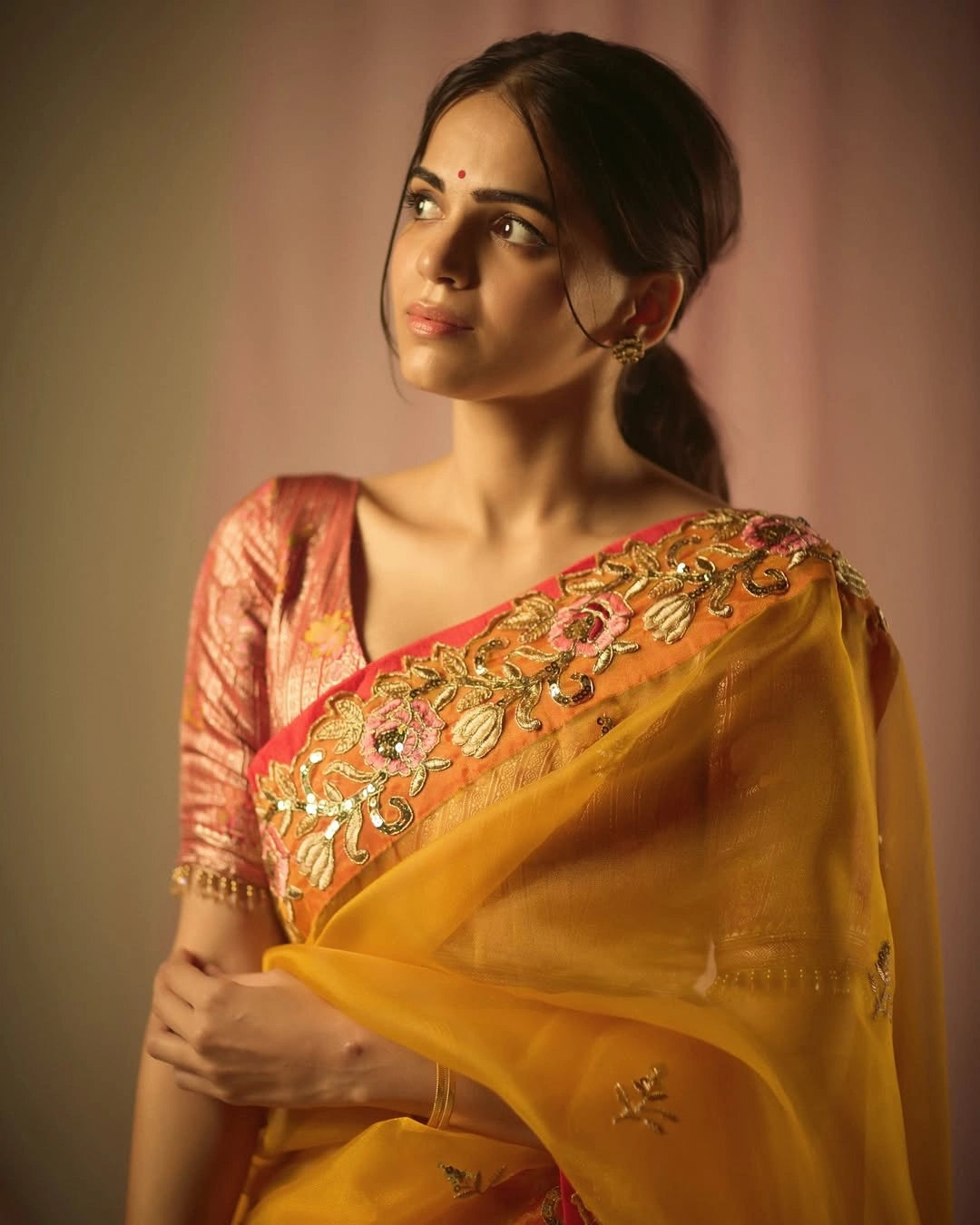 Yellow Organza Silk Saree with Intricate Thread & Bead Embroidery and Full Sleeve Floral Blouse