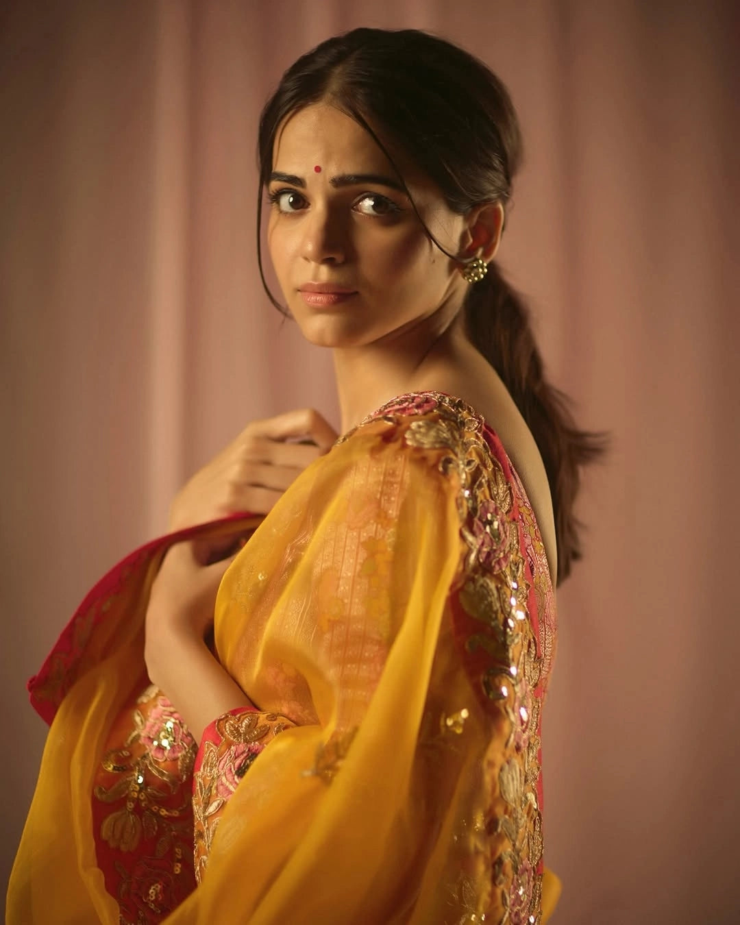 Yellow Organza Silk Saree with Intricate Thread & Bead Embroidery and Full Sleeve Floral Blouse