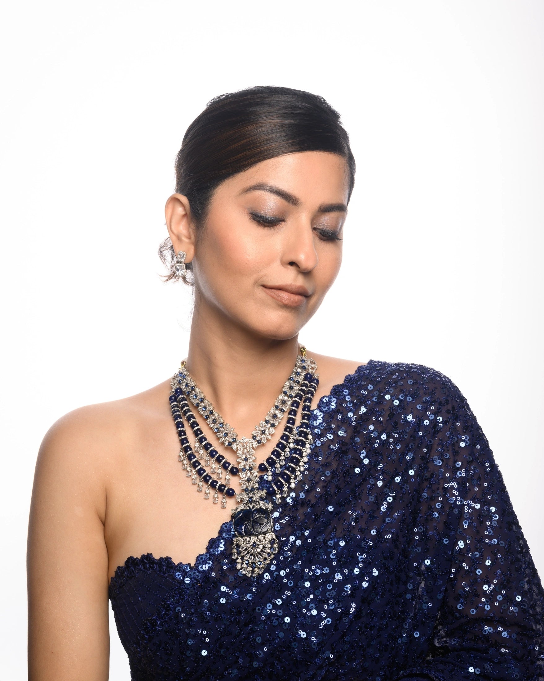 Navy Blue Georgette Saree with All Over Shimmer Sequin Work and Matching Sequin Blouse