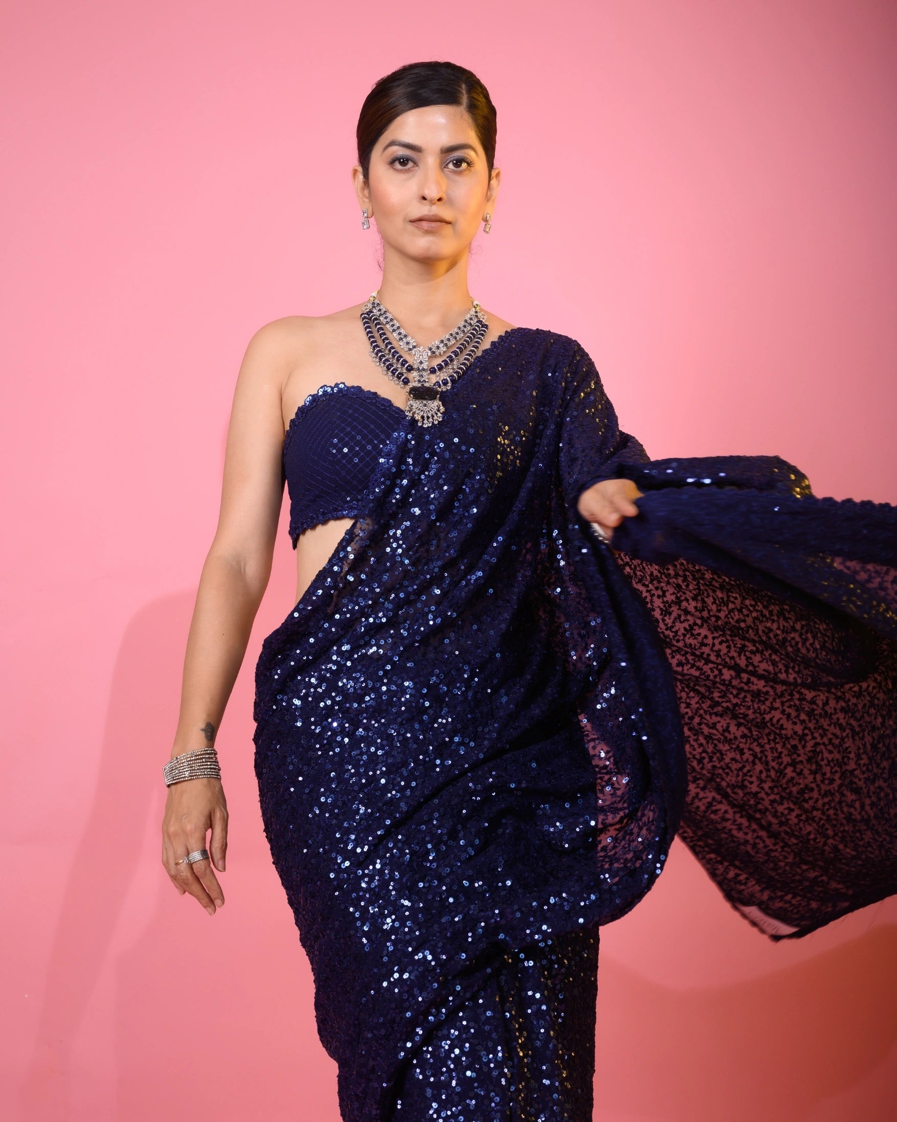 Navy Blue Georgette Saree with All Over Shimmer Sequin Work and Matching Sequin Blouse