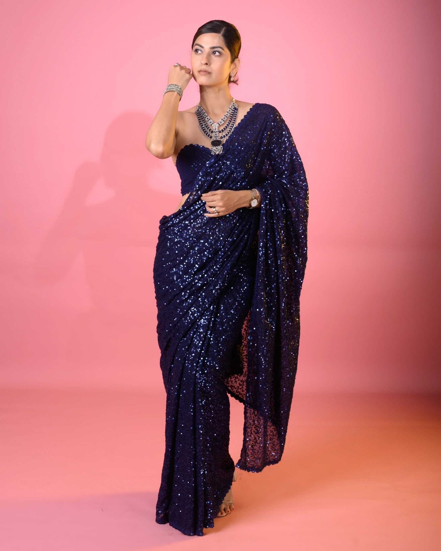 Navy Blue Georgette Saree with All Over Shimmer Sequin Work and Matching Sequin Blouse