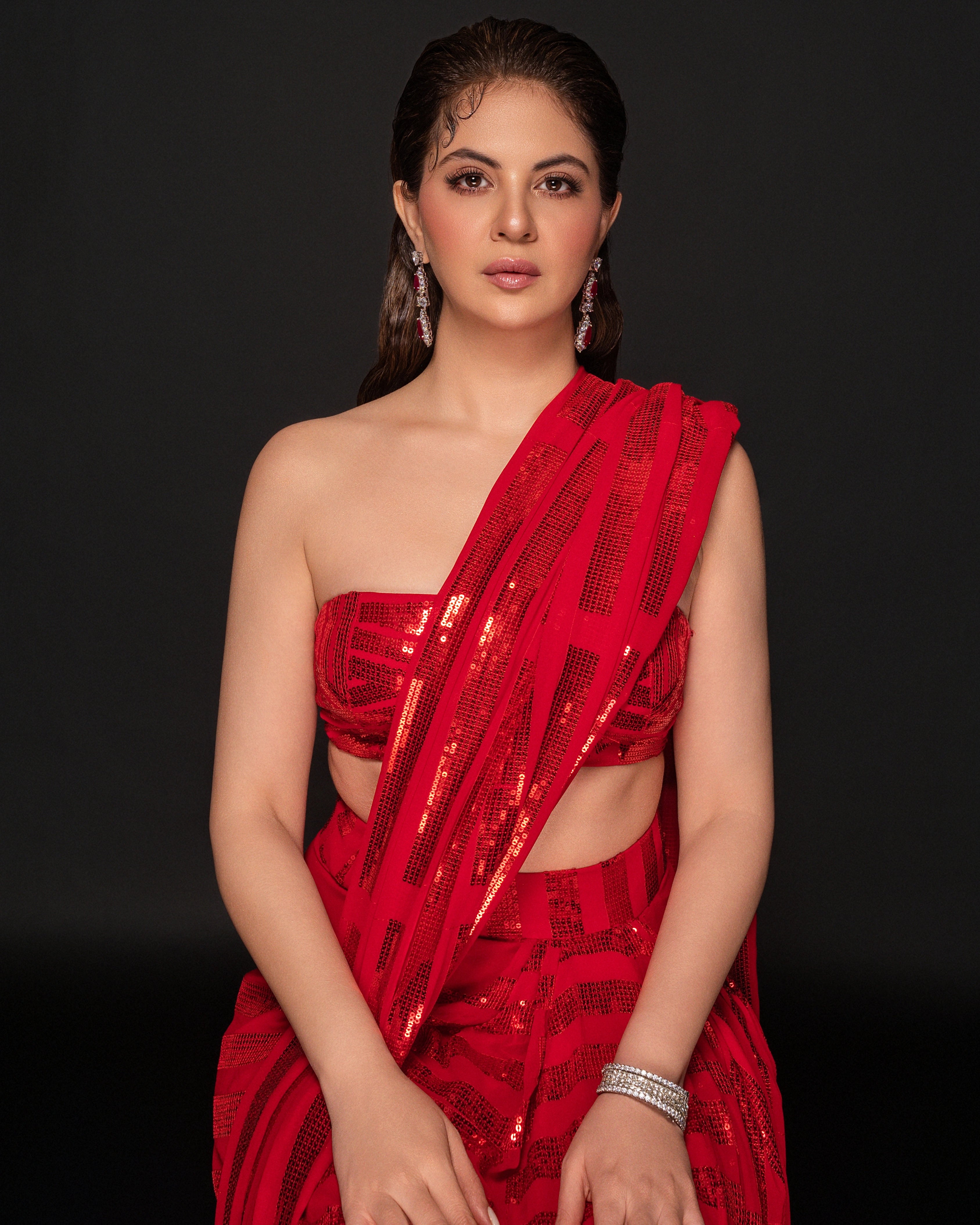 Crimson Red Georgette Sequin Per Drap Saree with Matching Blouse