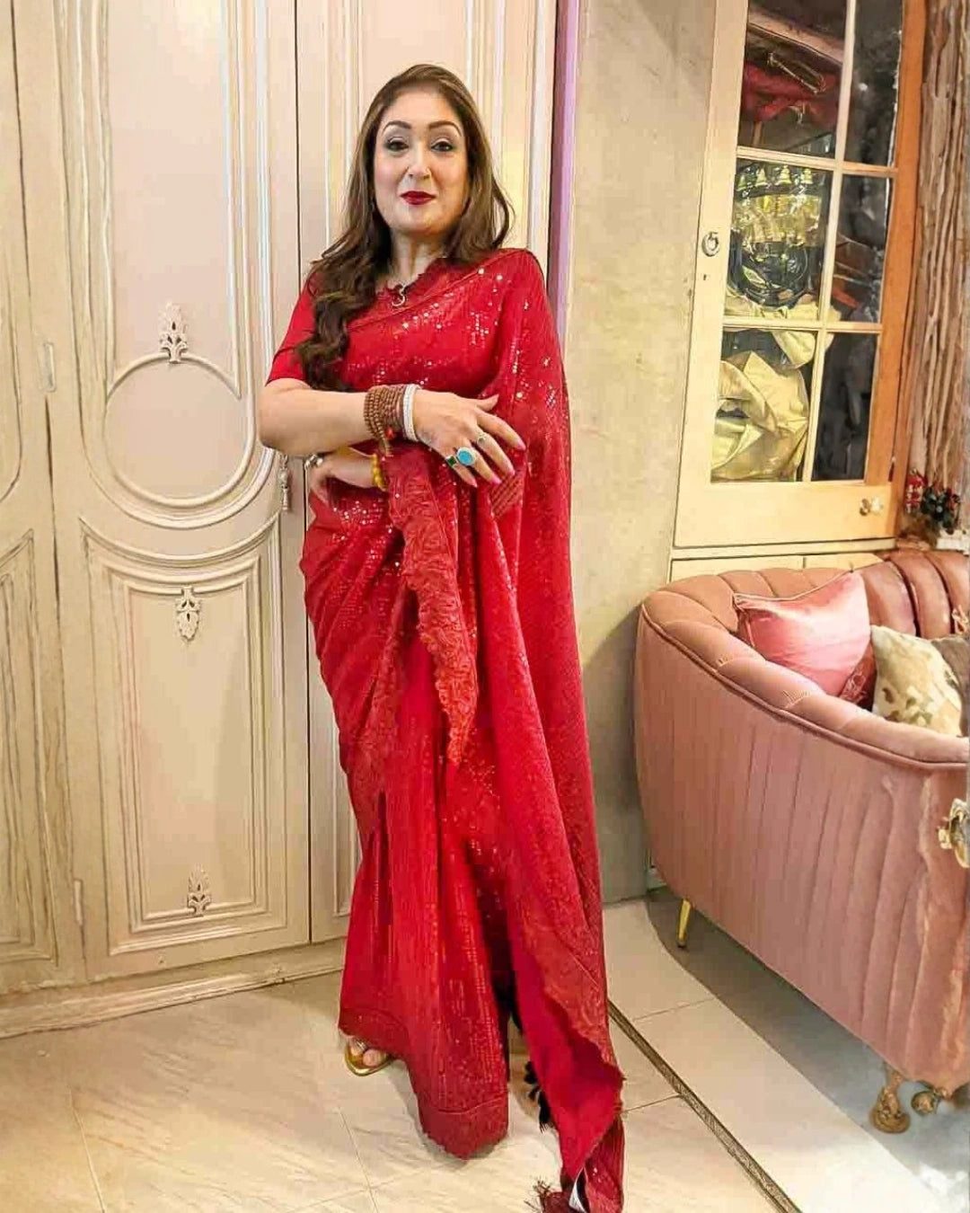 Red All-Over Sequin Saree with Feather-Like Thread Pallu Heavy Self Embroidery Border - Label Nonita