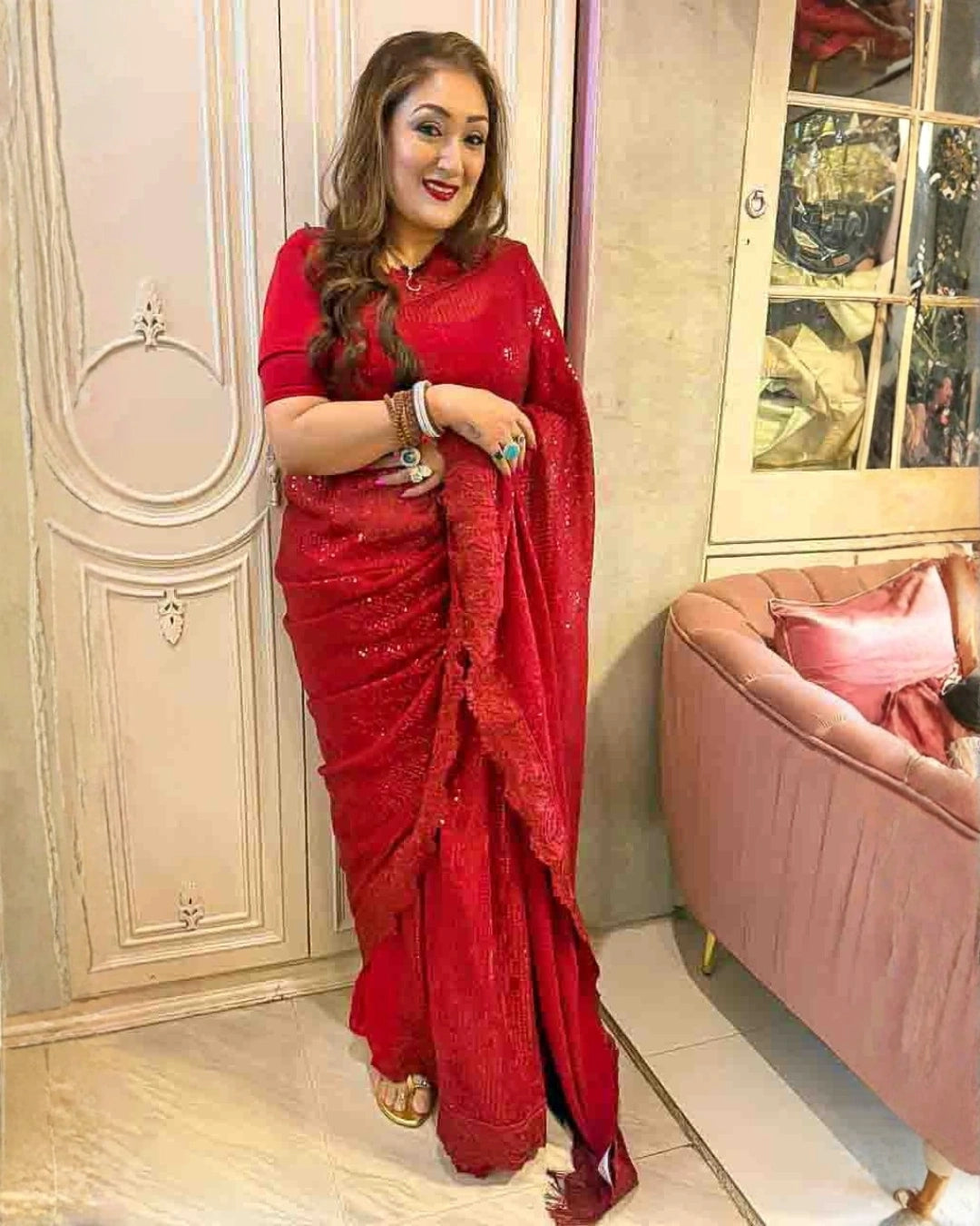 Red All-Over Sequin Saree with Feather-Like Thread Pallu Heavy Self Embroidery Border - Label Nonita