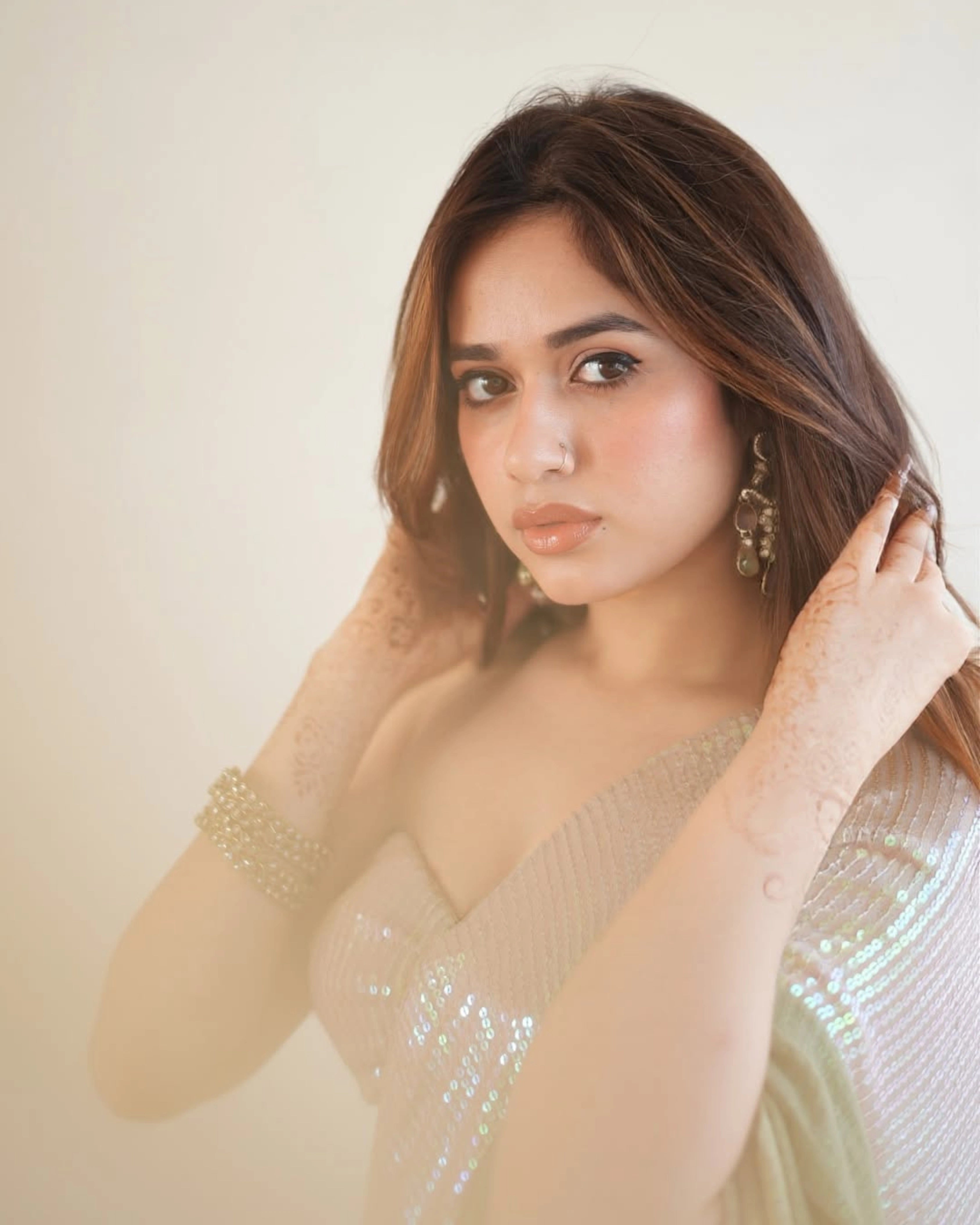 Beige and Olive Green Ombre Georgette Pre-Stitch Saree with All-Over Sequin Work and Matching Blouse