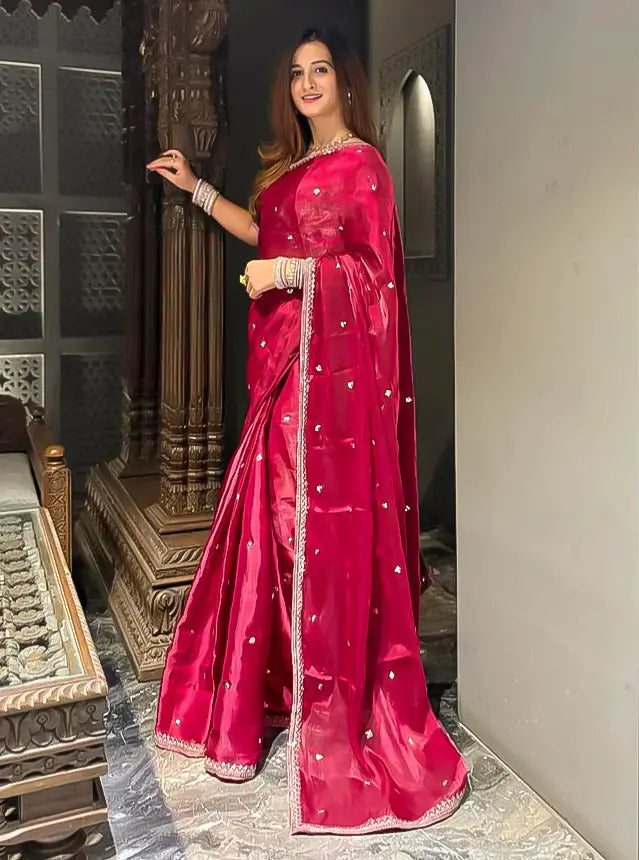 Red Silk Saree with Sequin Embroidery Work and Heavy Floral Sequin Embroidery Blouse