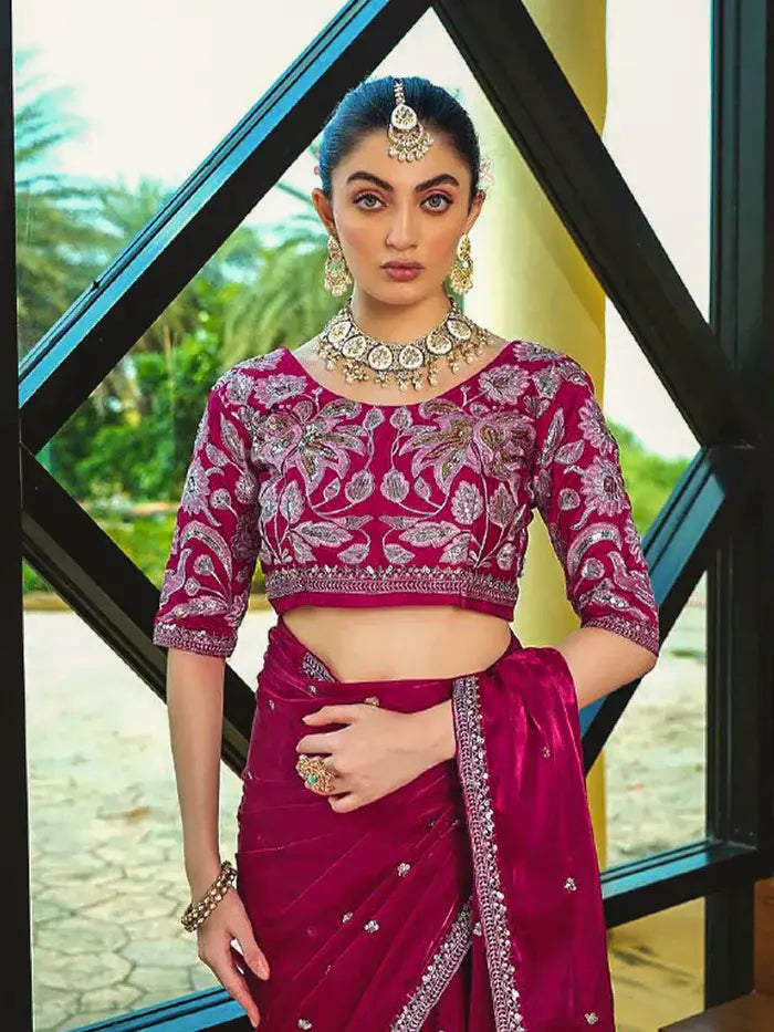 Red Silk Saree with Sequin Embroidery Work and Heavy Floral Sequin Embroidery Blouse
