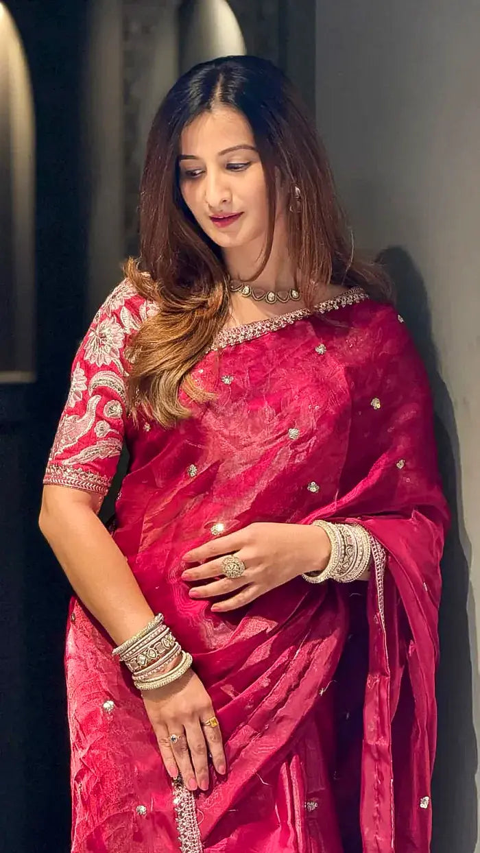 Red Silk Saree with Sequin Embroidery Work and Heavy Floral Sequin Embroidery Blouse