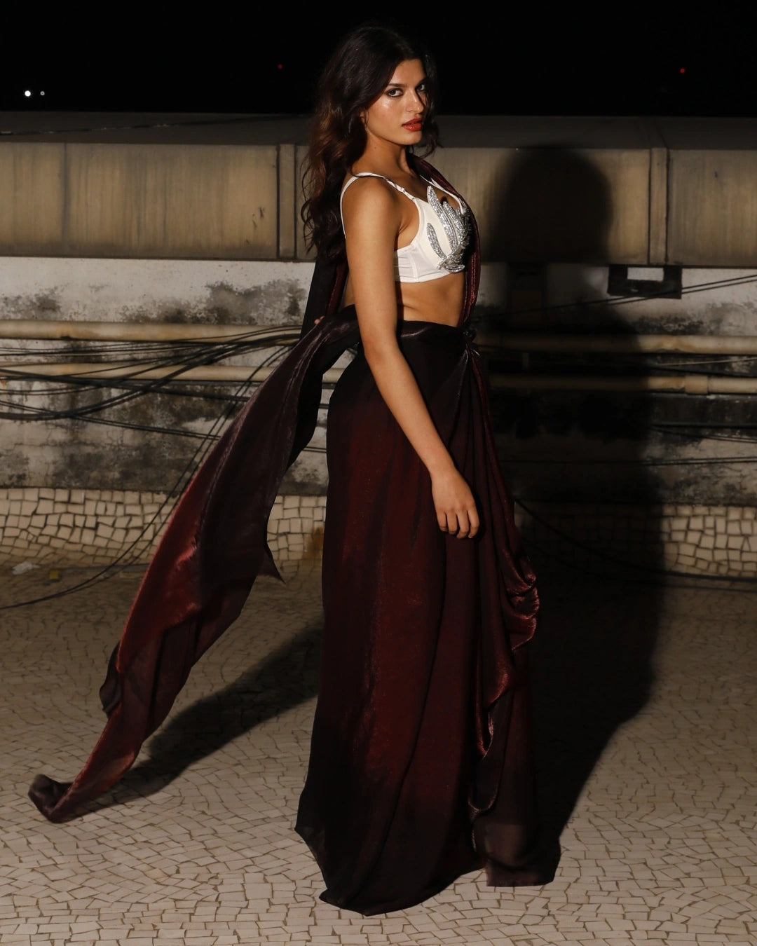 Maroon Georgette Saree with White Sculpted Embellished Blouse