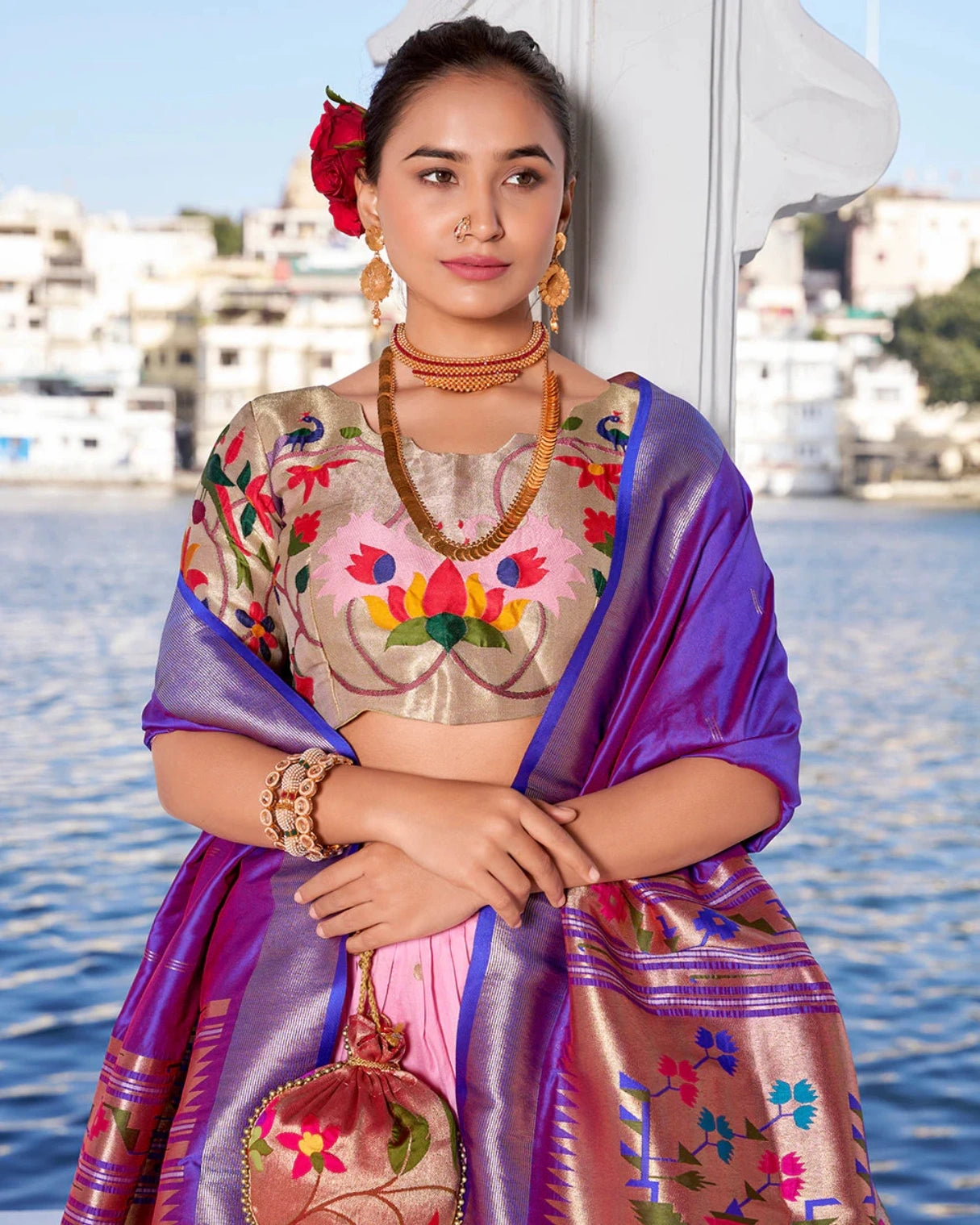Pink Paithani Silk Lehenga with Purple Lotus Design Dupatta