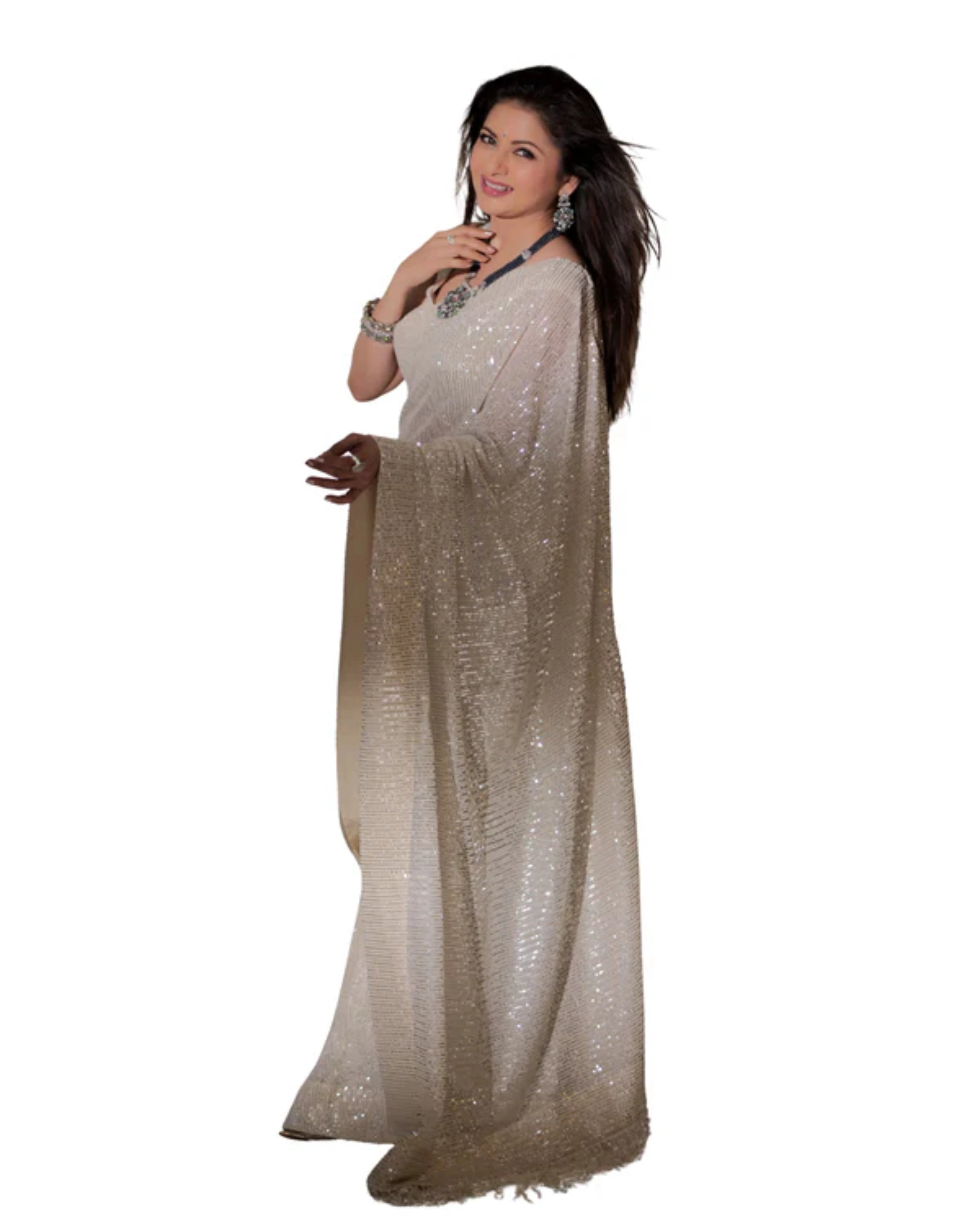 White Net Saree with All-Over Gold Sequin Work with Matching Blouse