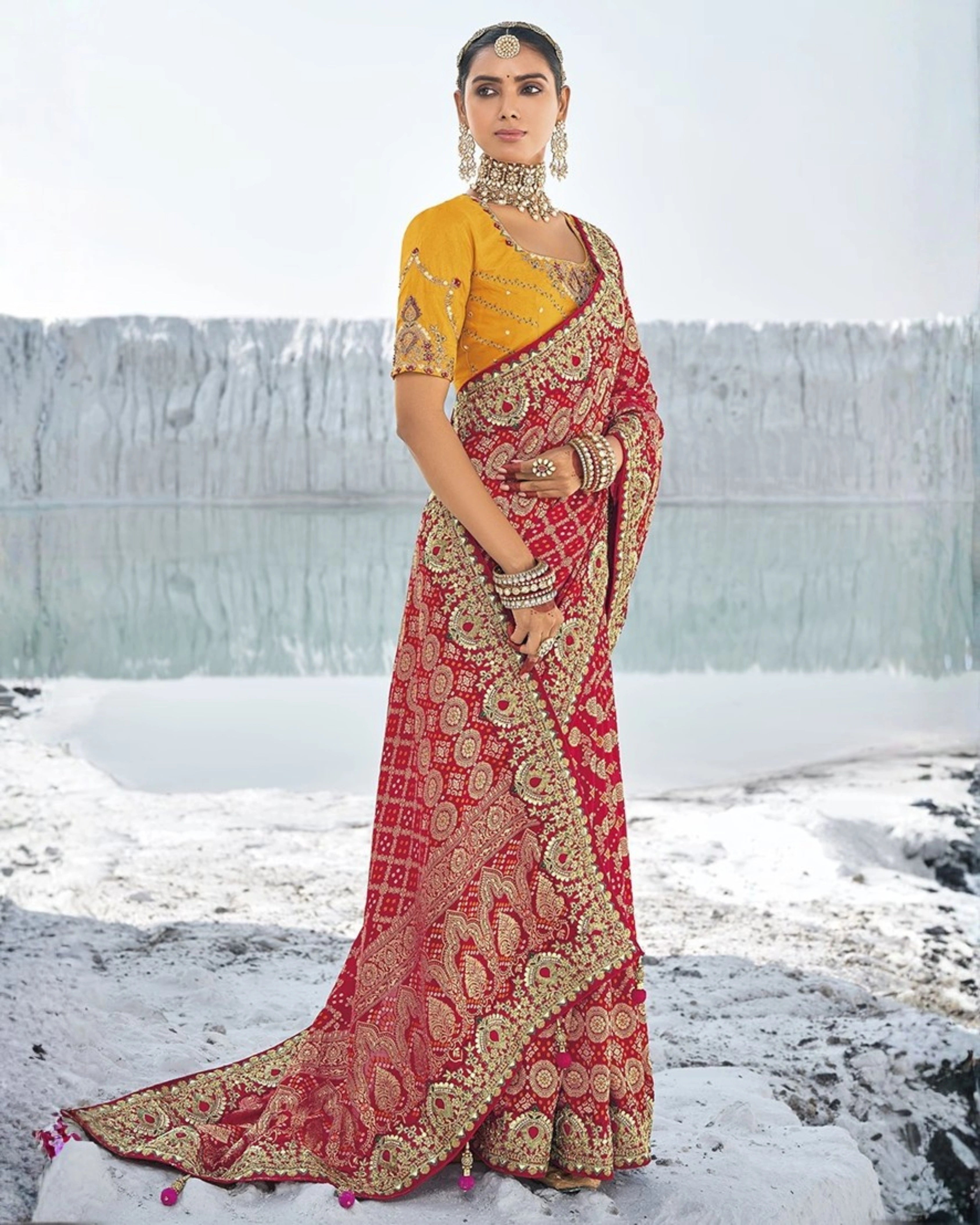 Red Bandhani Georgette Saree with Intricate Zari Embroidery & Yellow Embroidered Blouse