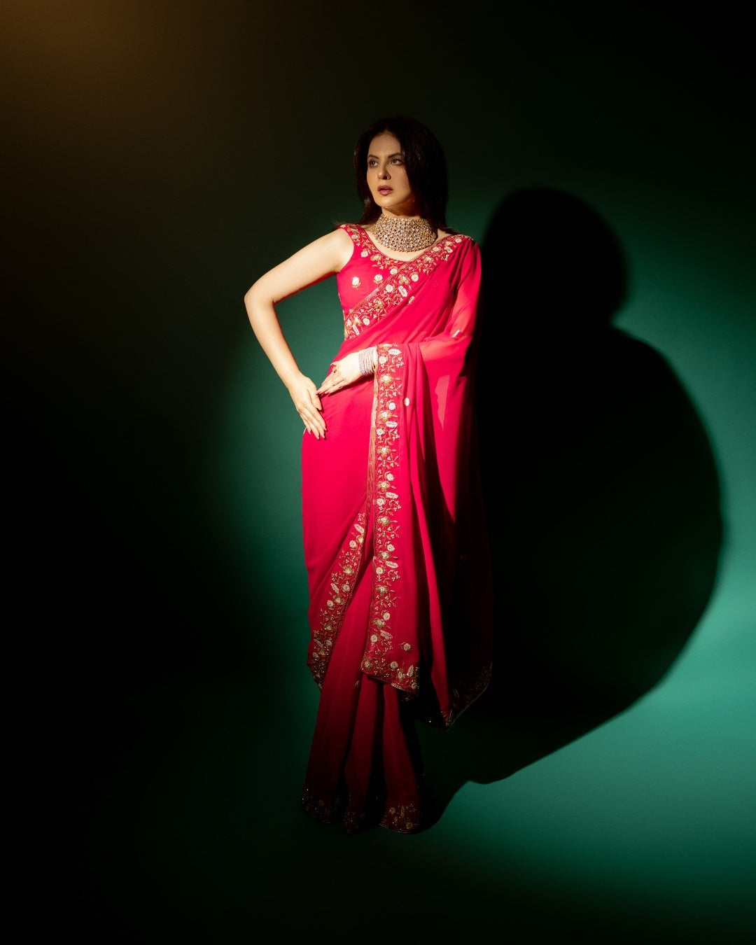 Pink Hand Embroidered Georgette Saree and Matching Floral Embroidered Blouse