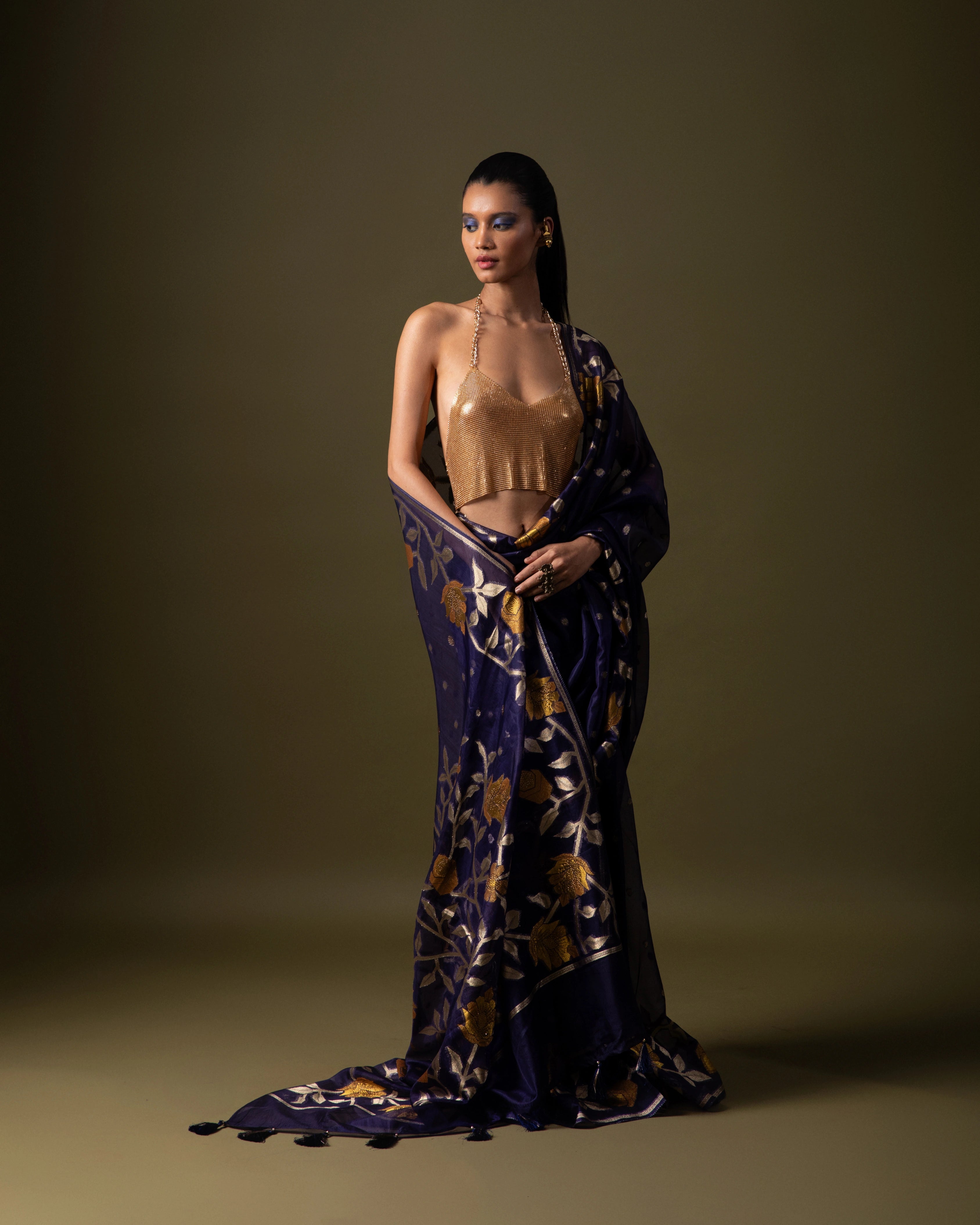 Royal Blue Silk Saree with Georgette Gold Motifs and Metallic Blouse