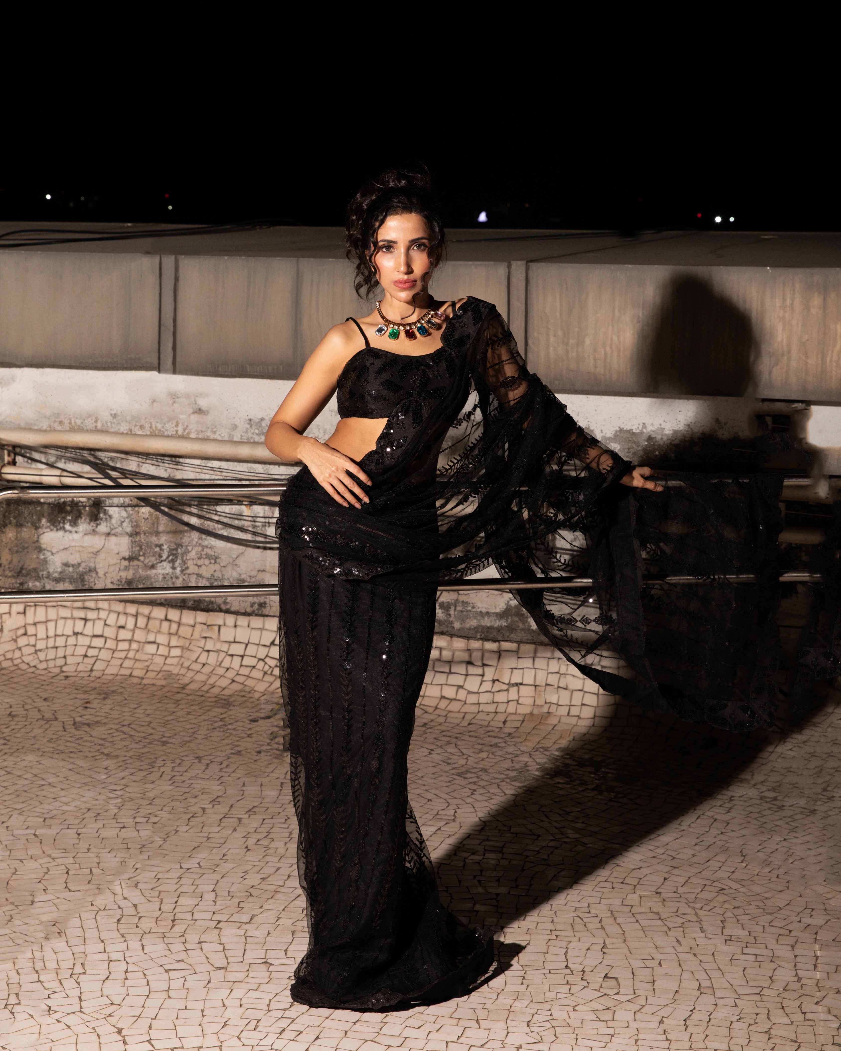 Black Net Sequin with Embroidery Work Saree and Matching Black Sequin Blouse