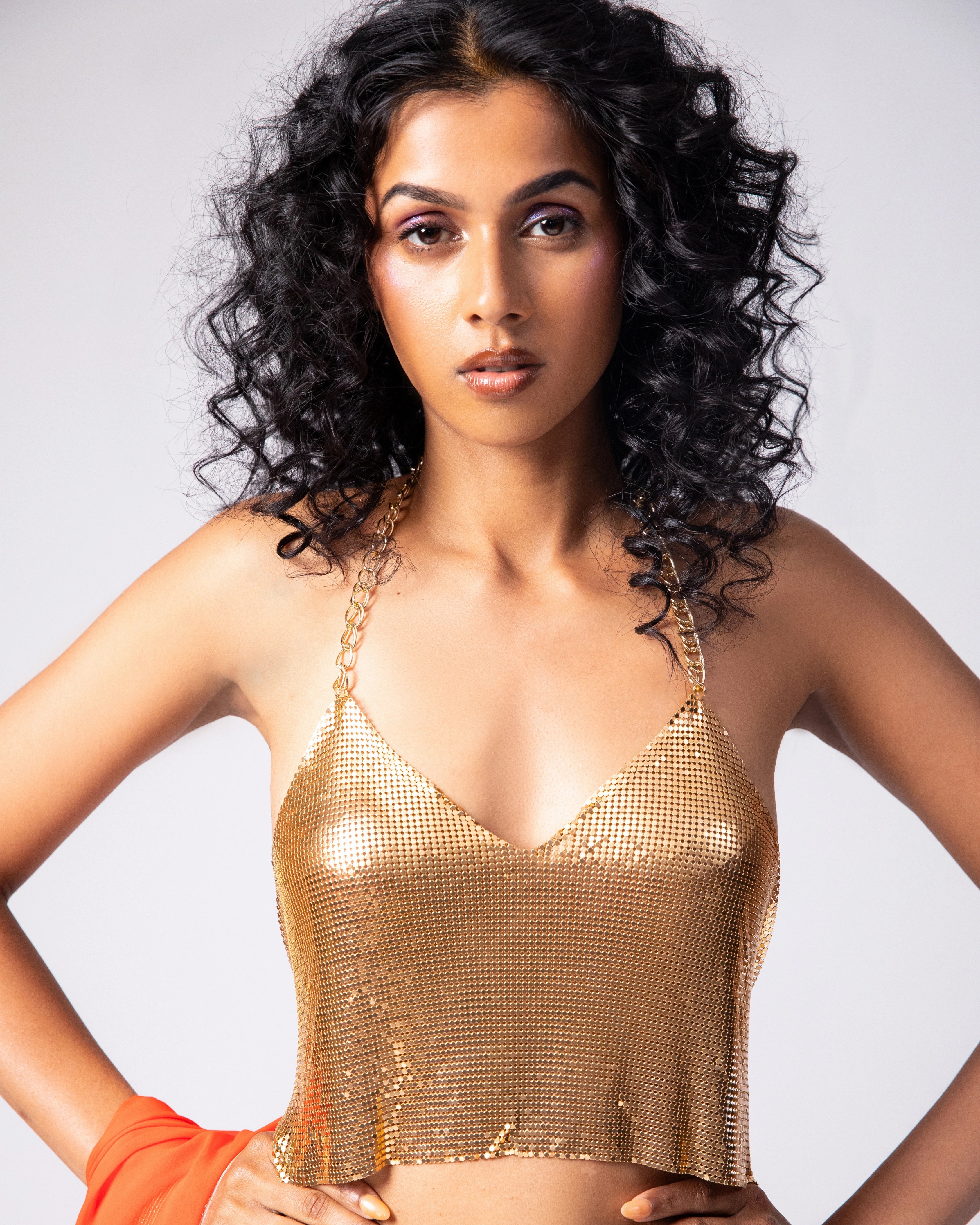 Orange Hand Embroidered Georgette Saree and Gold Metallic Blouse