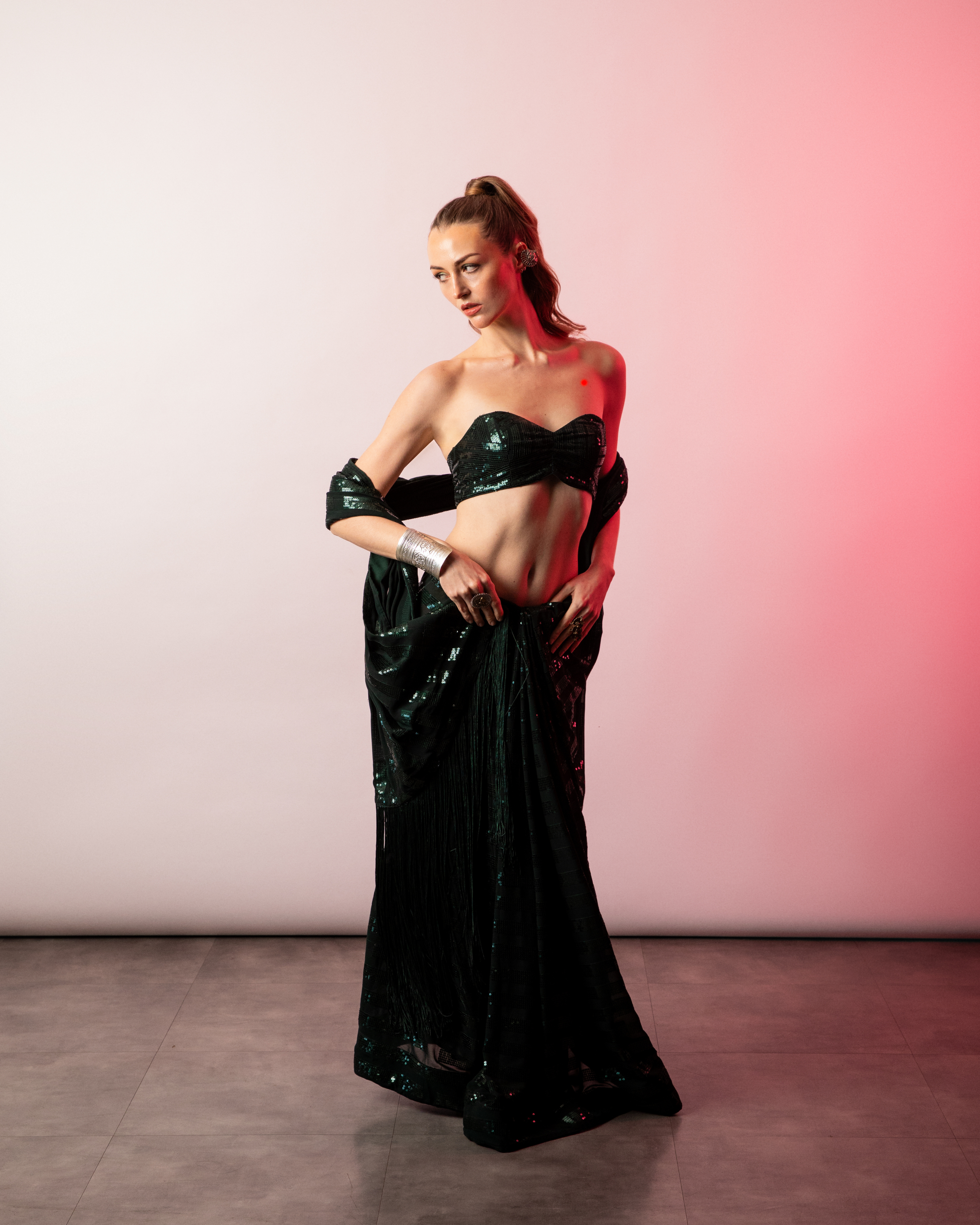 Green Georgette Sequin Stripes Saree with Fringe Pallu and Matching Sequin Blouse