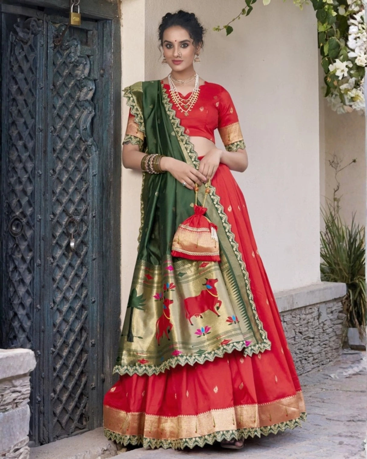 Red Paithani Silk Lehenga Choli with Green Rich Zari Dupatta and Matching Blouse
