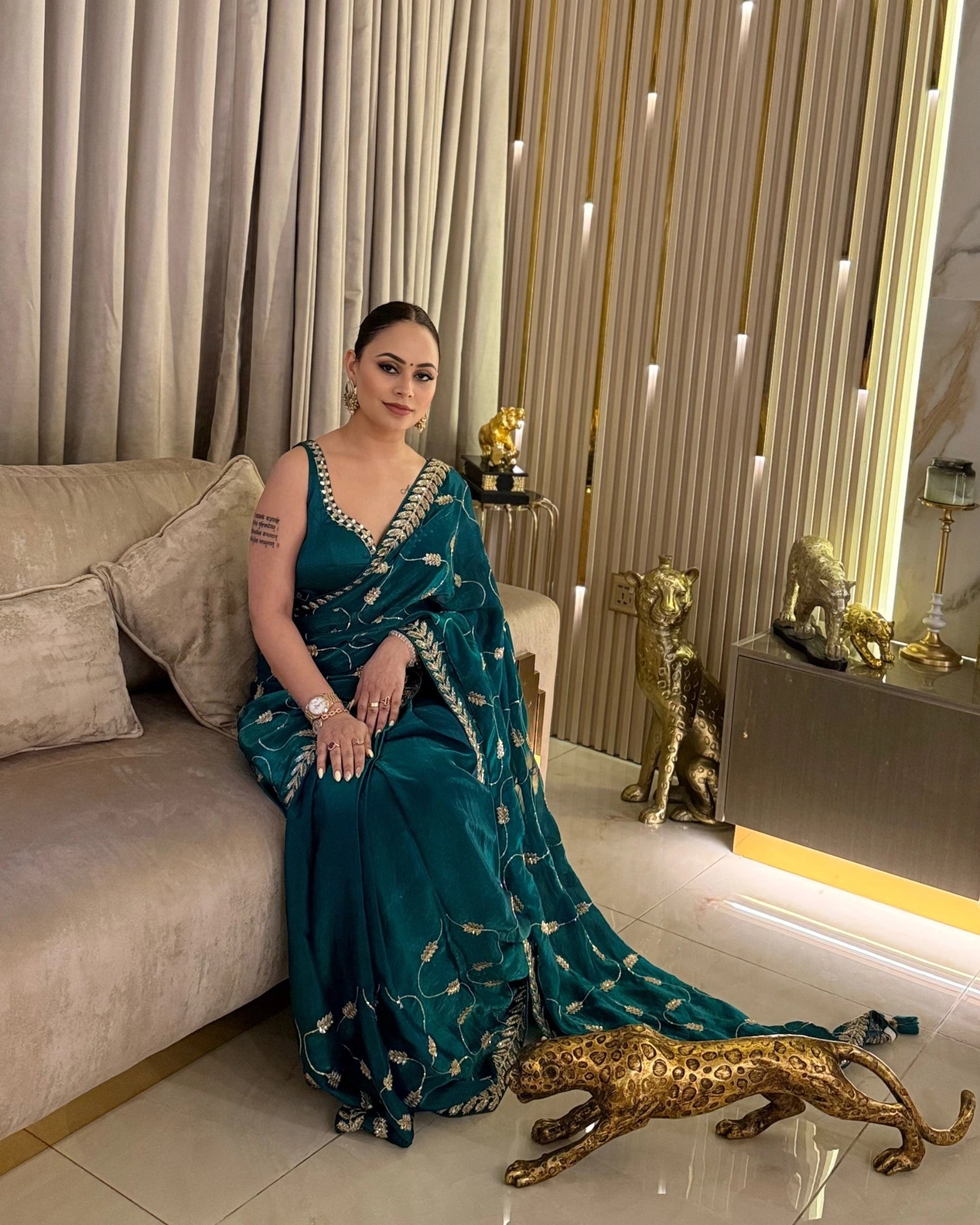 Emerald Green and Gold Leaf Silk Saree with Sequin Thread Embroidery and Matching Embroidered Blouse