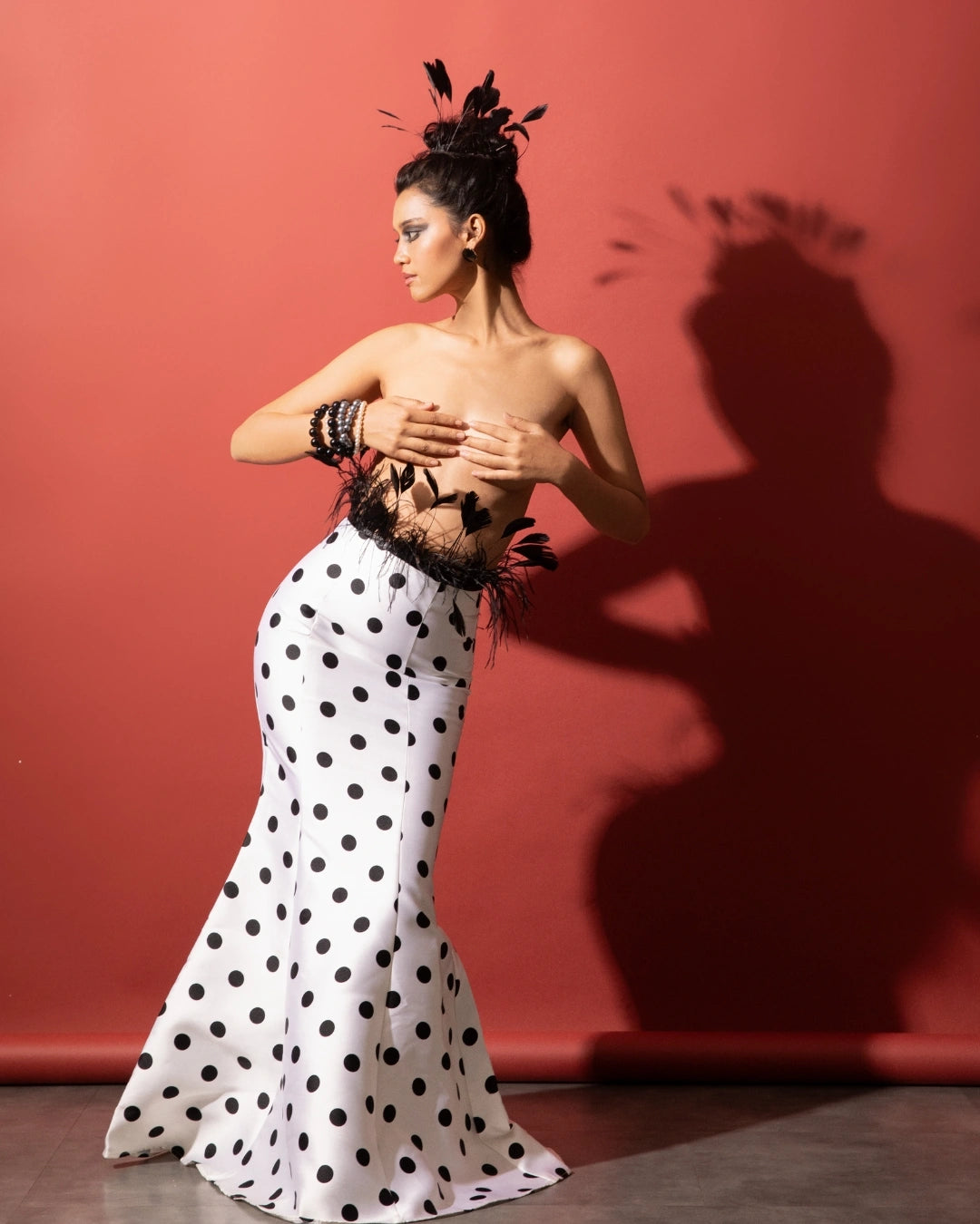 Black and White High-Waist Polka Dot Skirt in Monochrome with Feather-Embellished