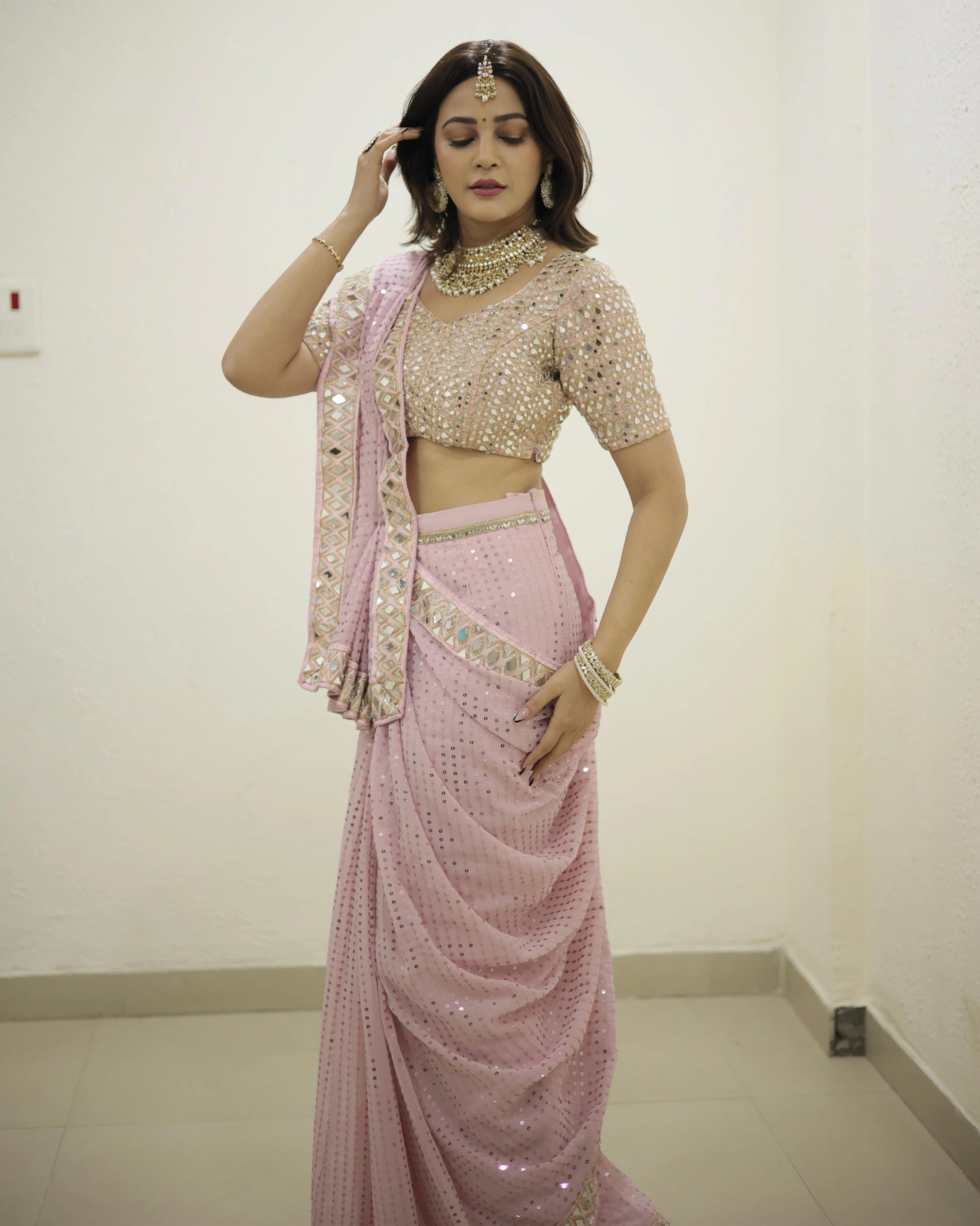 Pink Sequin Georgette Saree with Mirror Embroidery Work and Matching Mirror Sequin Blouse