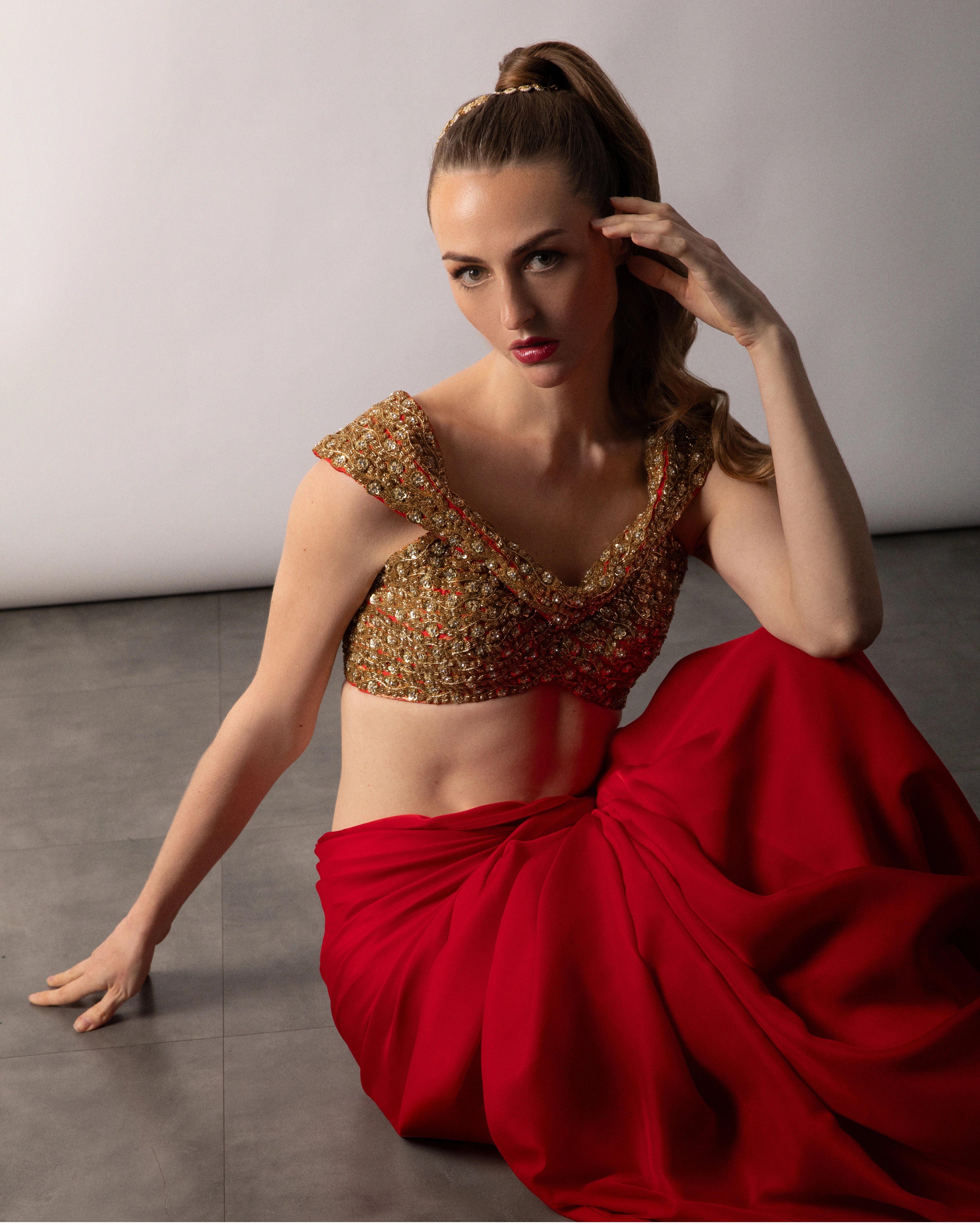 Red Semi Silk Saree Set with Gold Zari Sequin Blouse