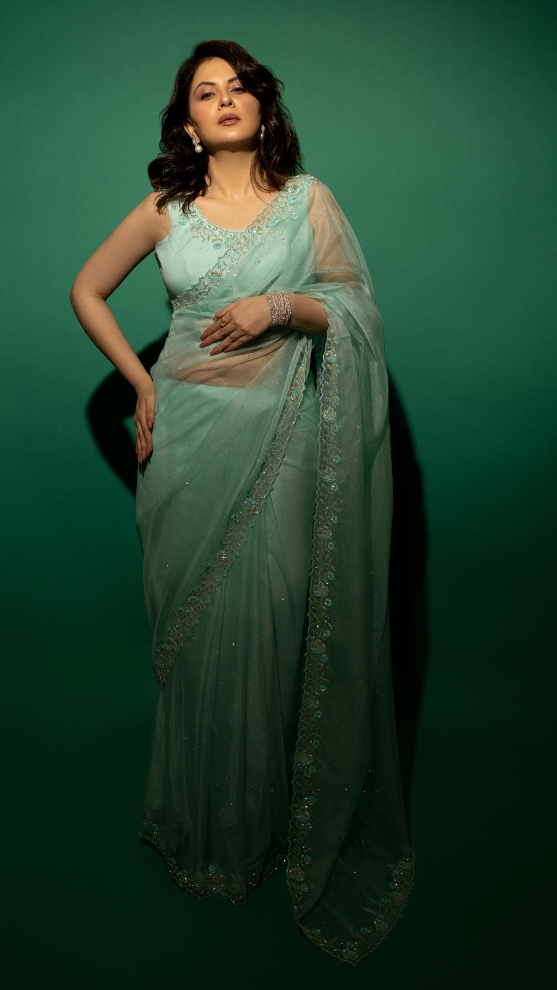 Sky Blue Hand Embroidered Saree and Matching Floral Embroidered Blouse