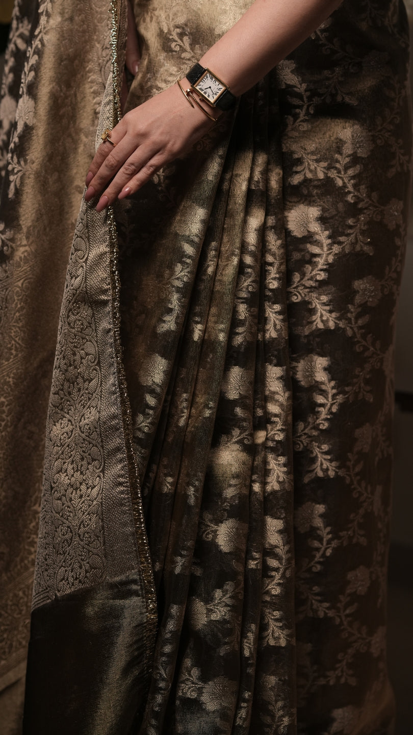 Grey Banarasi Silk Saree with Pure Gold Zari Floral Weaving and Matching Checked Blouse