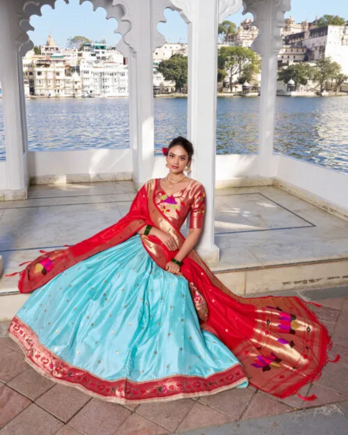Blue Paithani Silk Lehenga with Red Lotus Design Dupatta