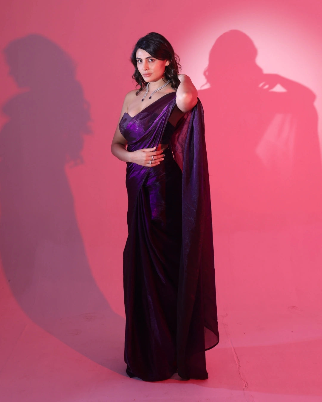 Purple Greorgette Saree with Matching Strapless Floral-Embroidered Blouse
