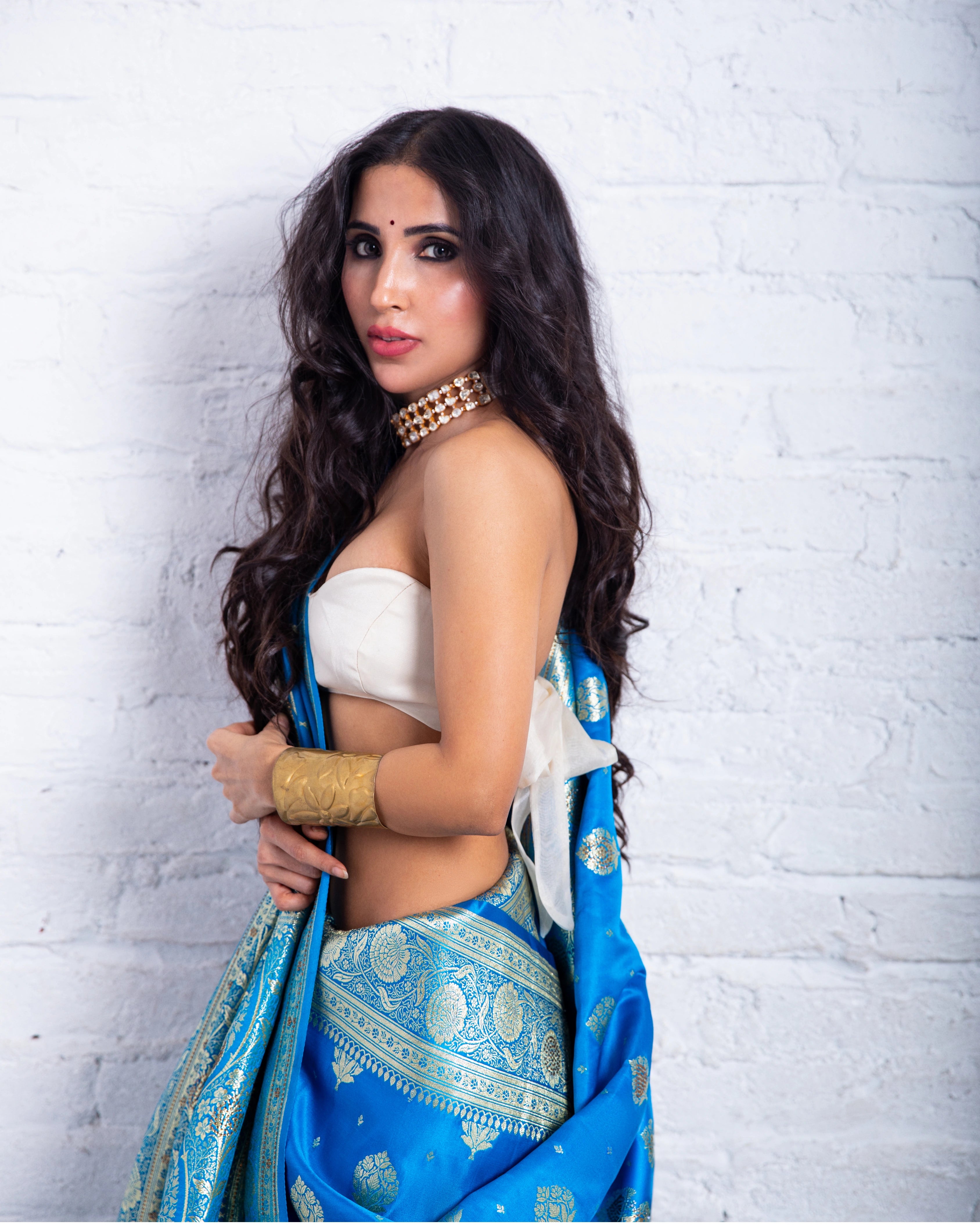 Blue Banarasi Silk Saree with Floral Zari Design and Plain White Blouse