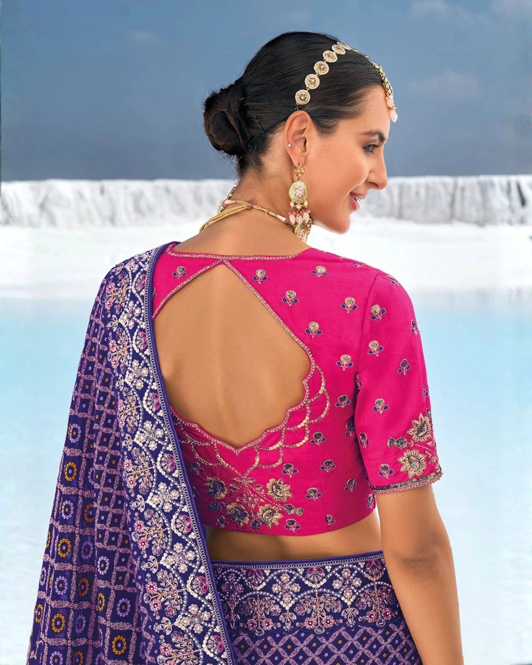 Purple Bandhani Georgette Saree with Intricate Zari Embroidery & Pink Embroidered Blouse