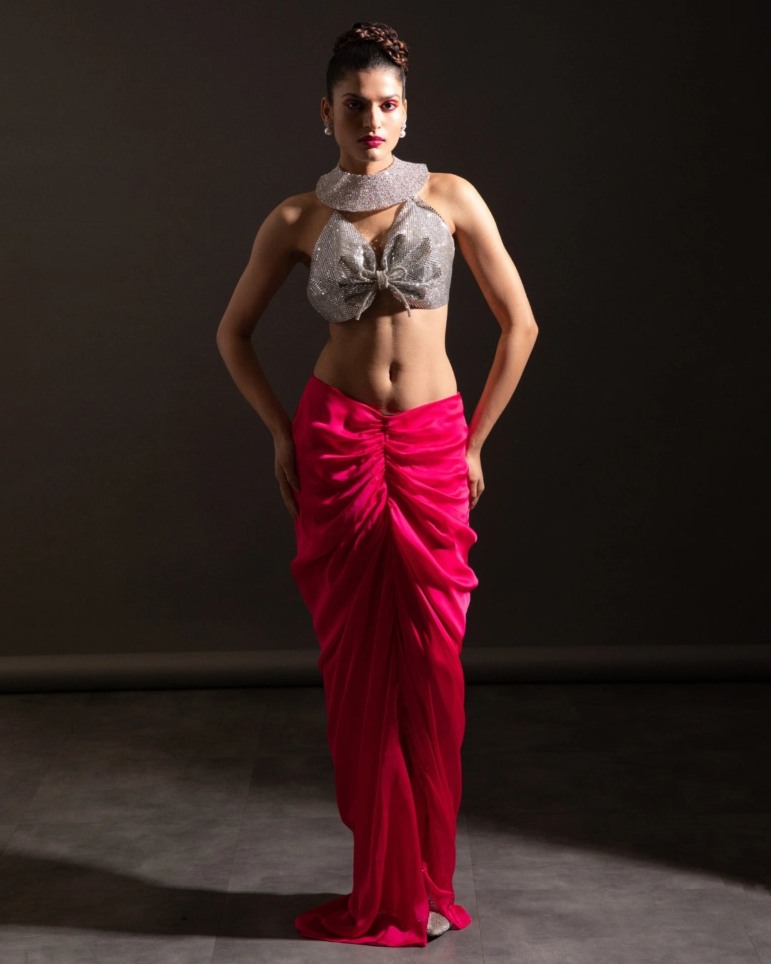 Pink Fuchsia Draped Silk Skirt with Silver Crystal-Embellished Halter Butterfly Blouse