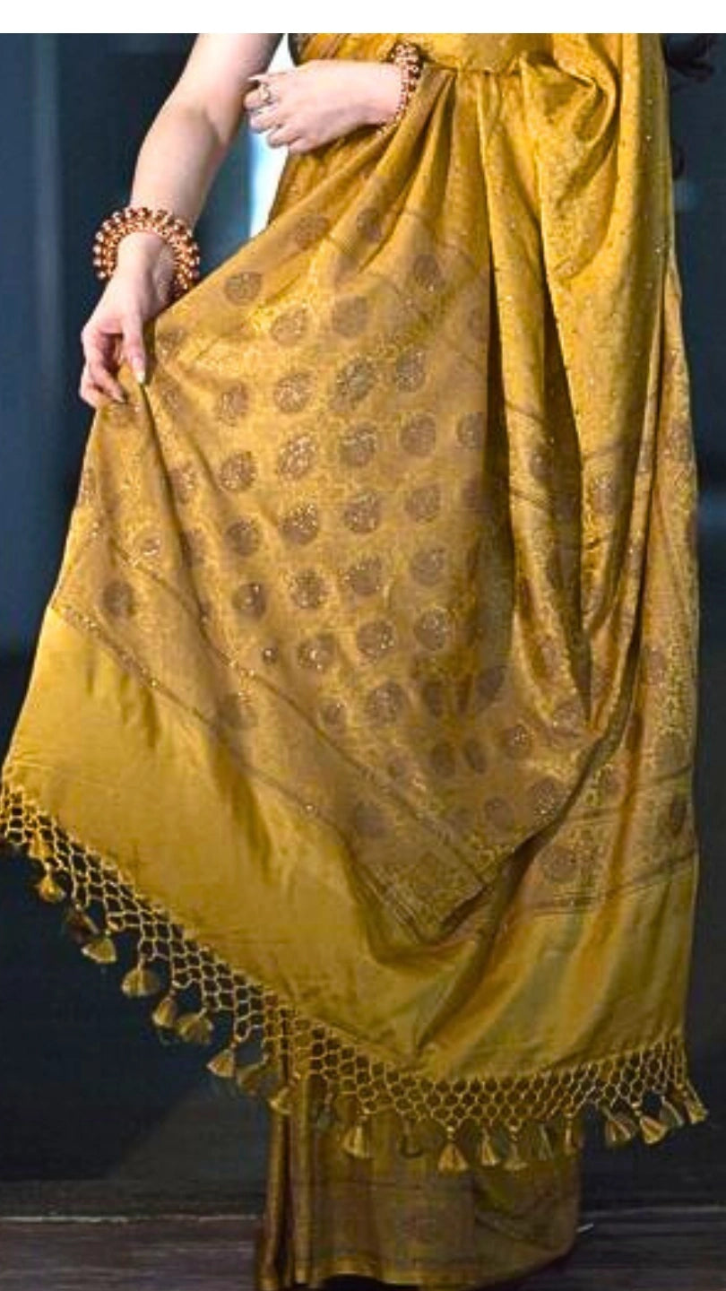 Mustard Yellow Banarasi Saree with Swarovski Stonework and Copper Blouse