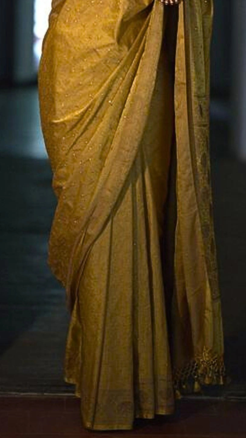 Mustard Yellow Banarasi Saree with Swarovski Stonework and Copper Blouse