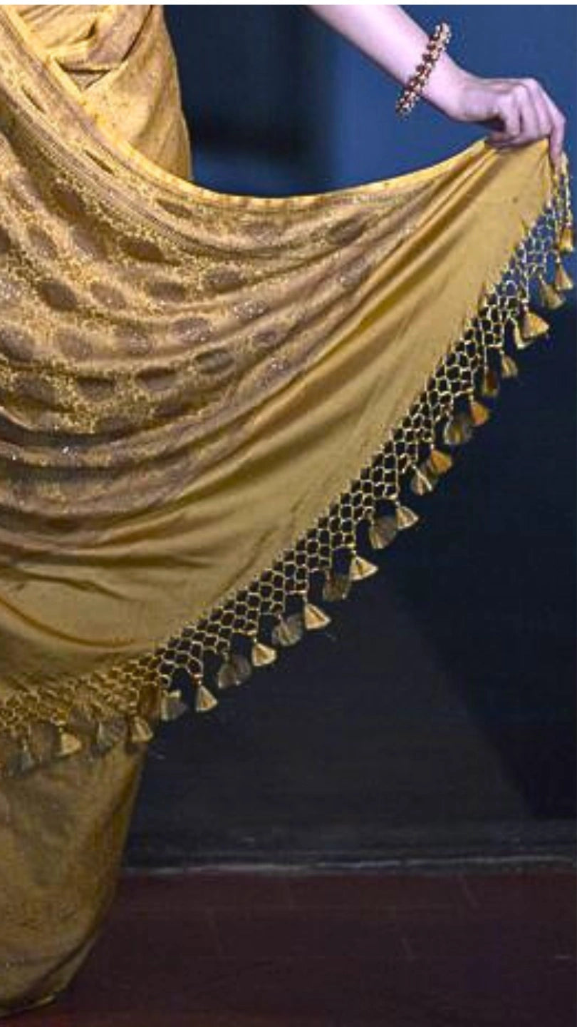 Mustard Yellow Banarasi Saree with Swarovski Stonework and Copper Blouse