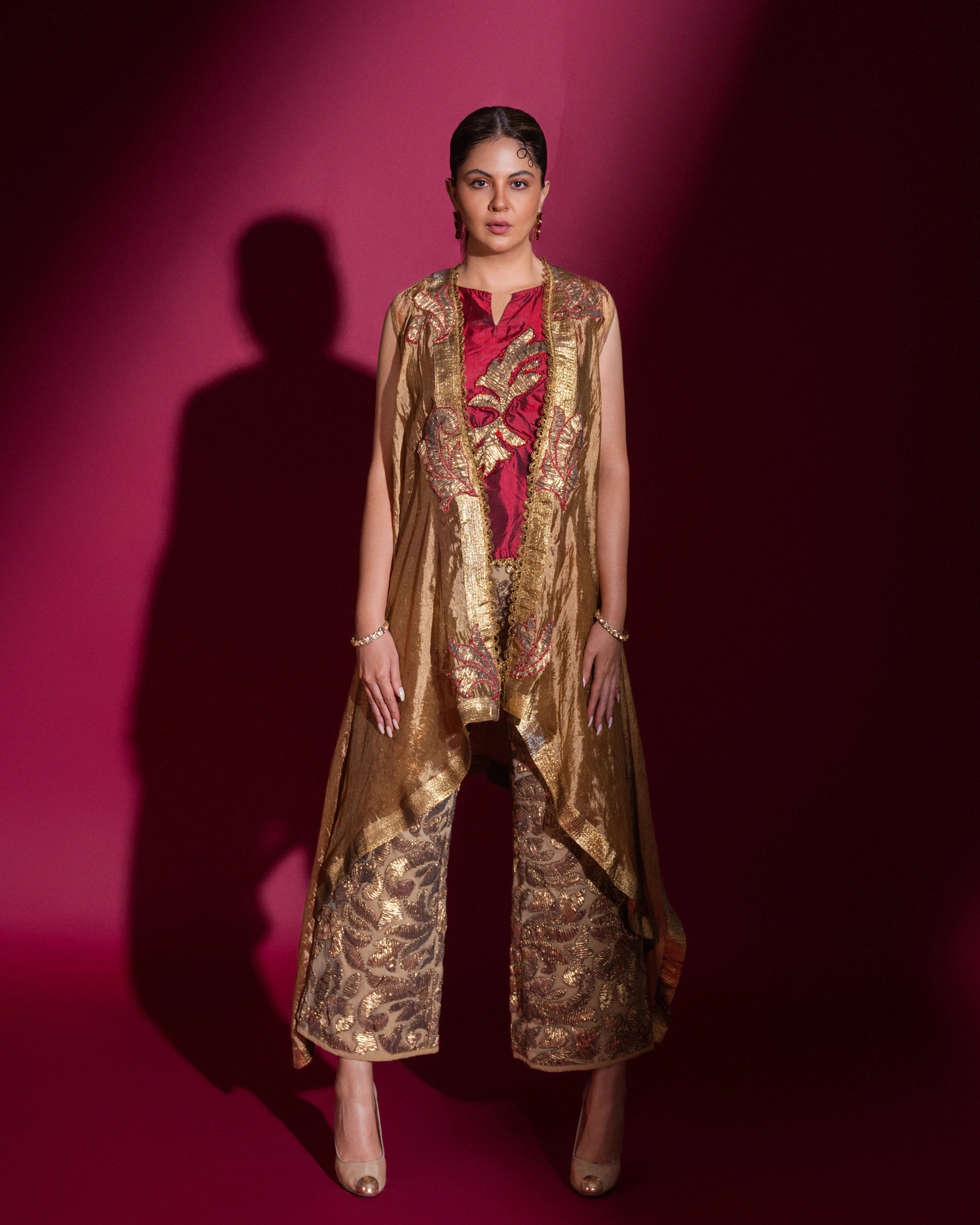 Gold and Red Silk Pant and Top with All Over Embroidered Cape Work