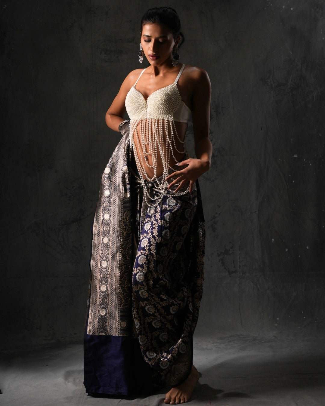 Blue Pure Banarasi Silk Saree with Gold Floral Design and Matching Blouse.