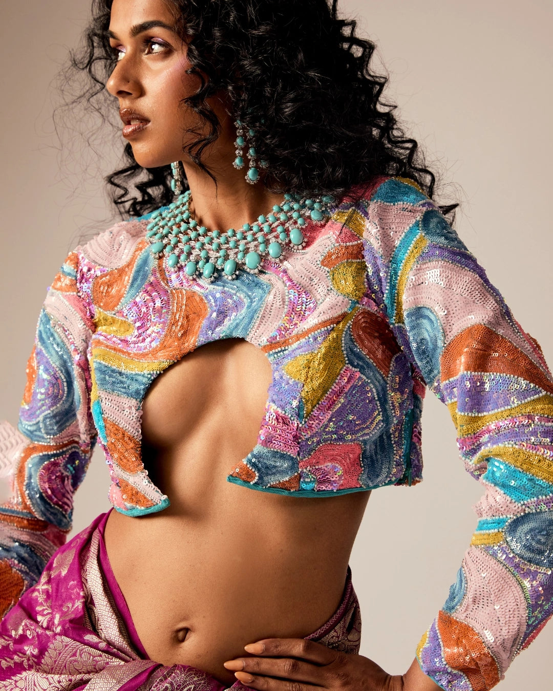 Multicolor Silk Full Sleeve Cut-Out Blouse