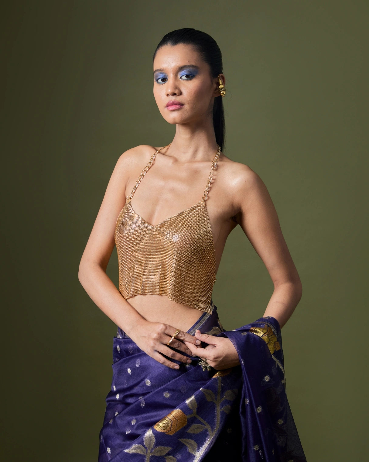 Royal Blue Silk Saree with Georgette Gold Motifs and Metallic Blouse