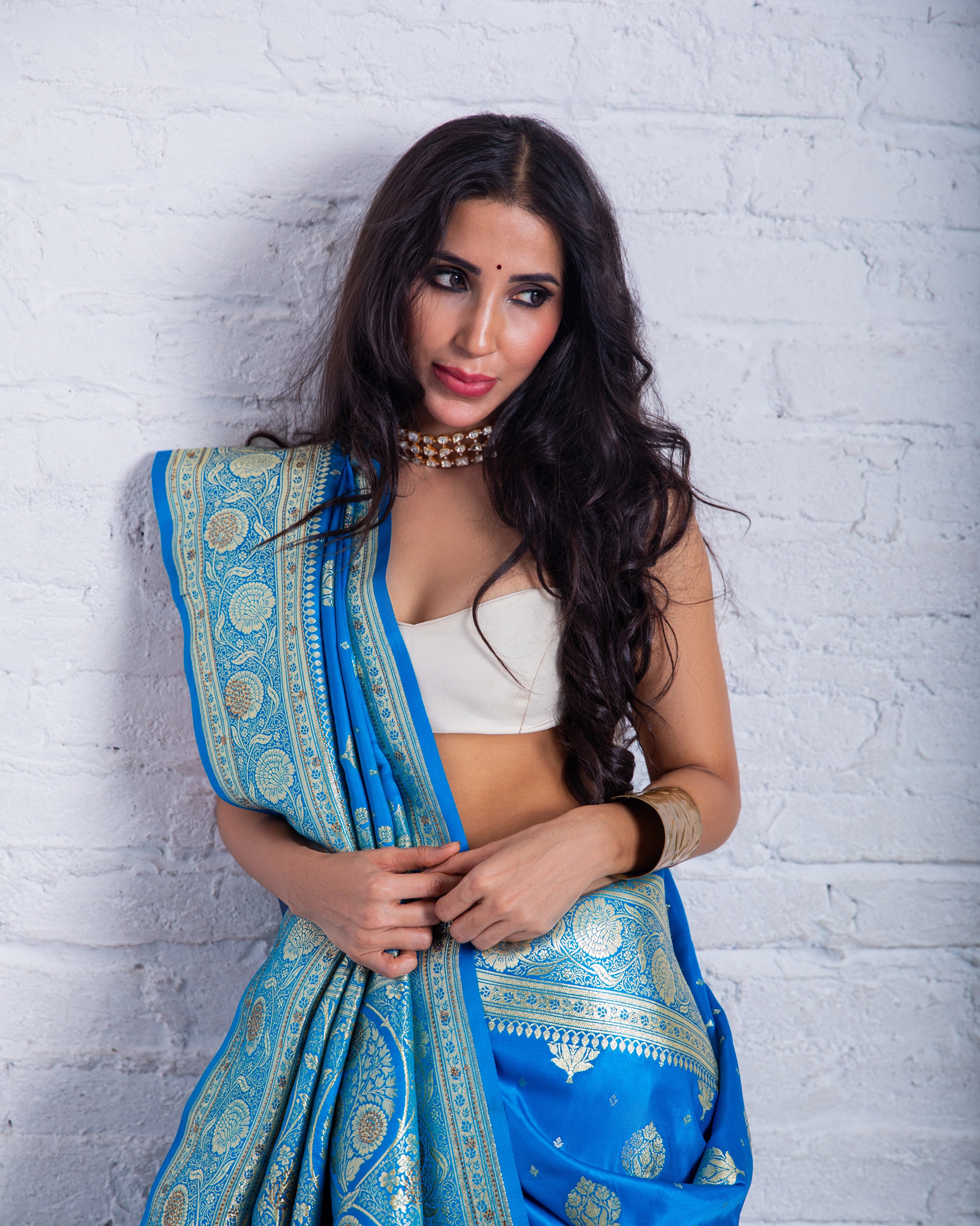 Blue Banarasi Silk Saree with Floral Zari Design and Plain White Blouse